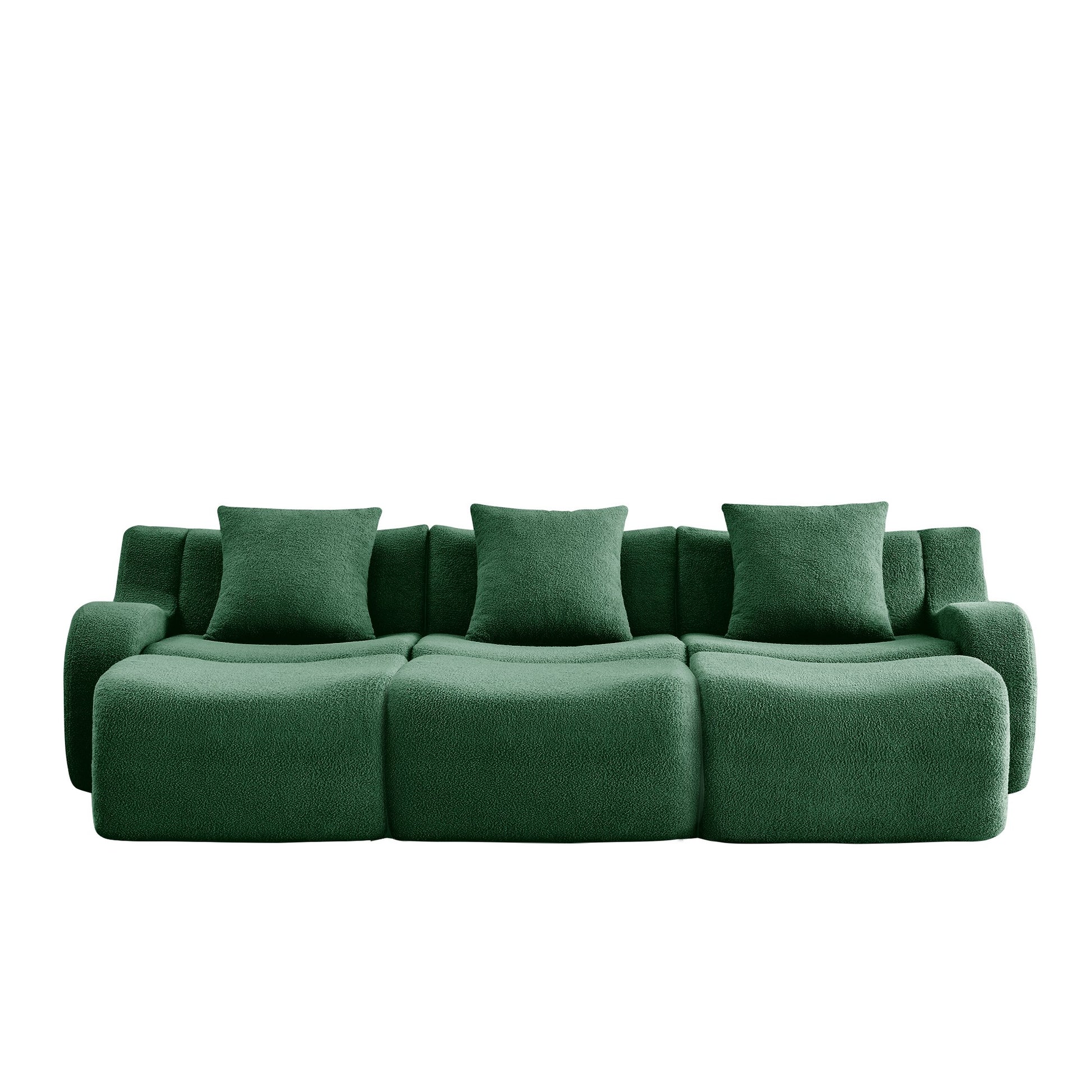 Green teddy fleece boneless sofa, 3-seat with three ottomans layout, 45 degree view on a white background — Green / 3-Seat + 3 Ottomans