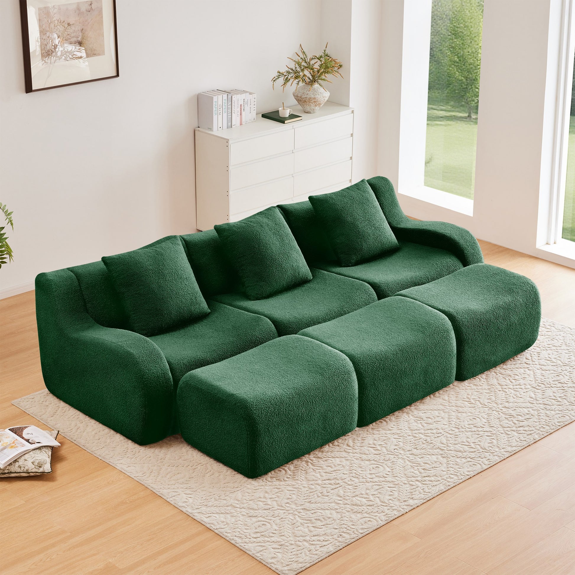 Green teddy fleece boneless sofa, 3-seat with three ottomans layout, straight on view in a living room — Green / 3-Seat + 3 Ottomans