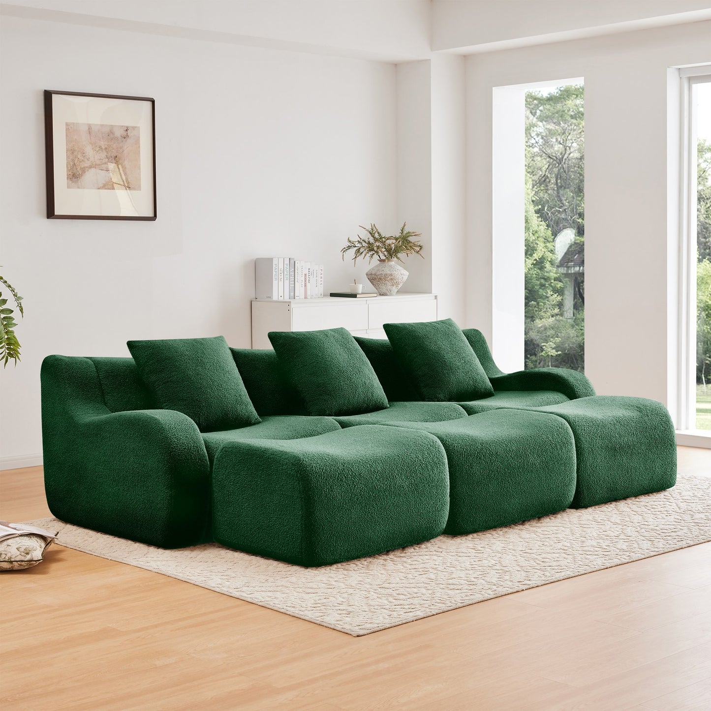 Green teddy fleece boneless sofa, 3-seat with three ottomans layout, angled view in a bright living room — Green / 3-Seat + 3 Ottomans