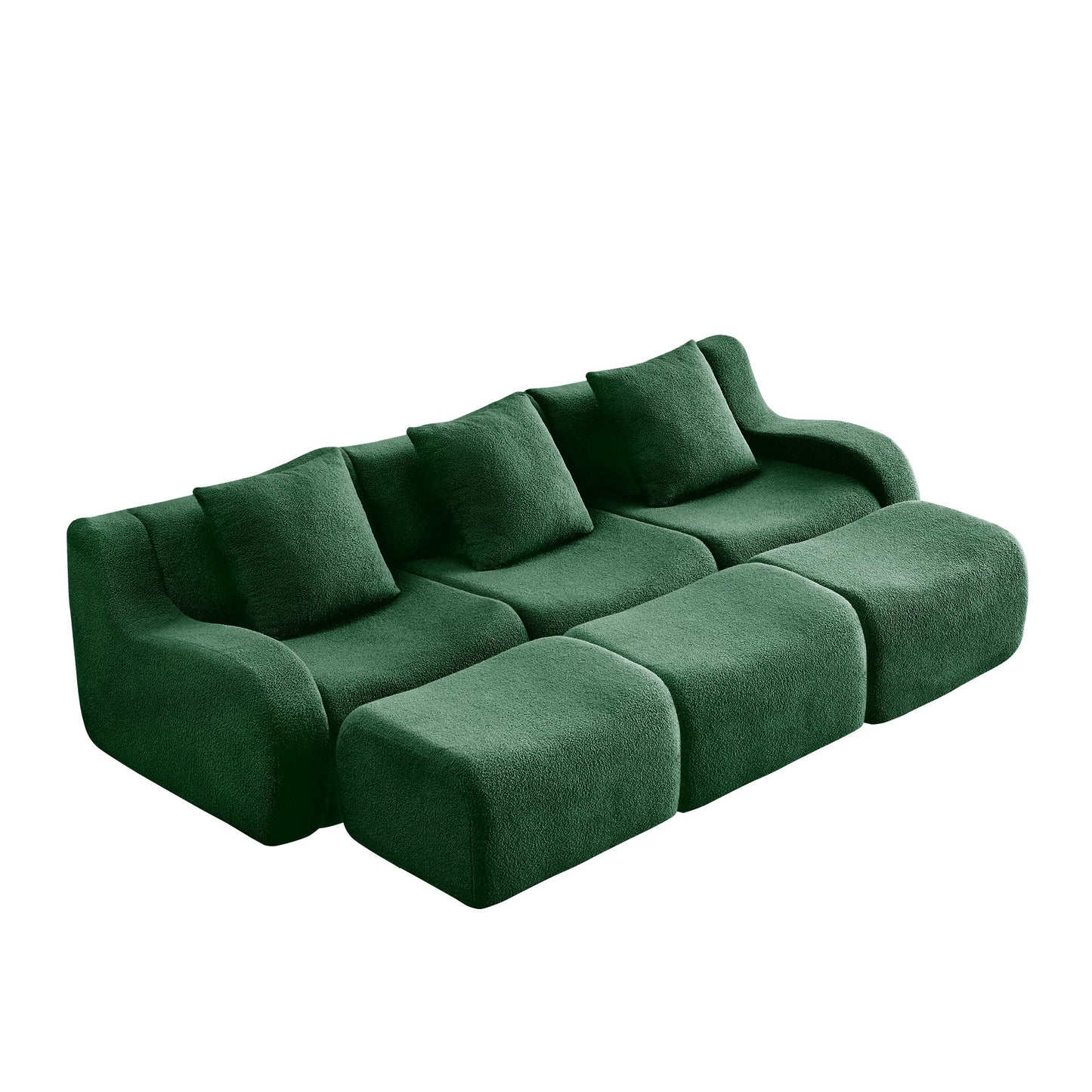 Green teddy fleece boneless sofa, 3-seat with three ottomans layout, side view on a white background — Green / 3-Seat + 3 Ottomans
