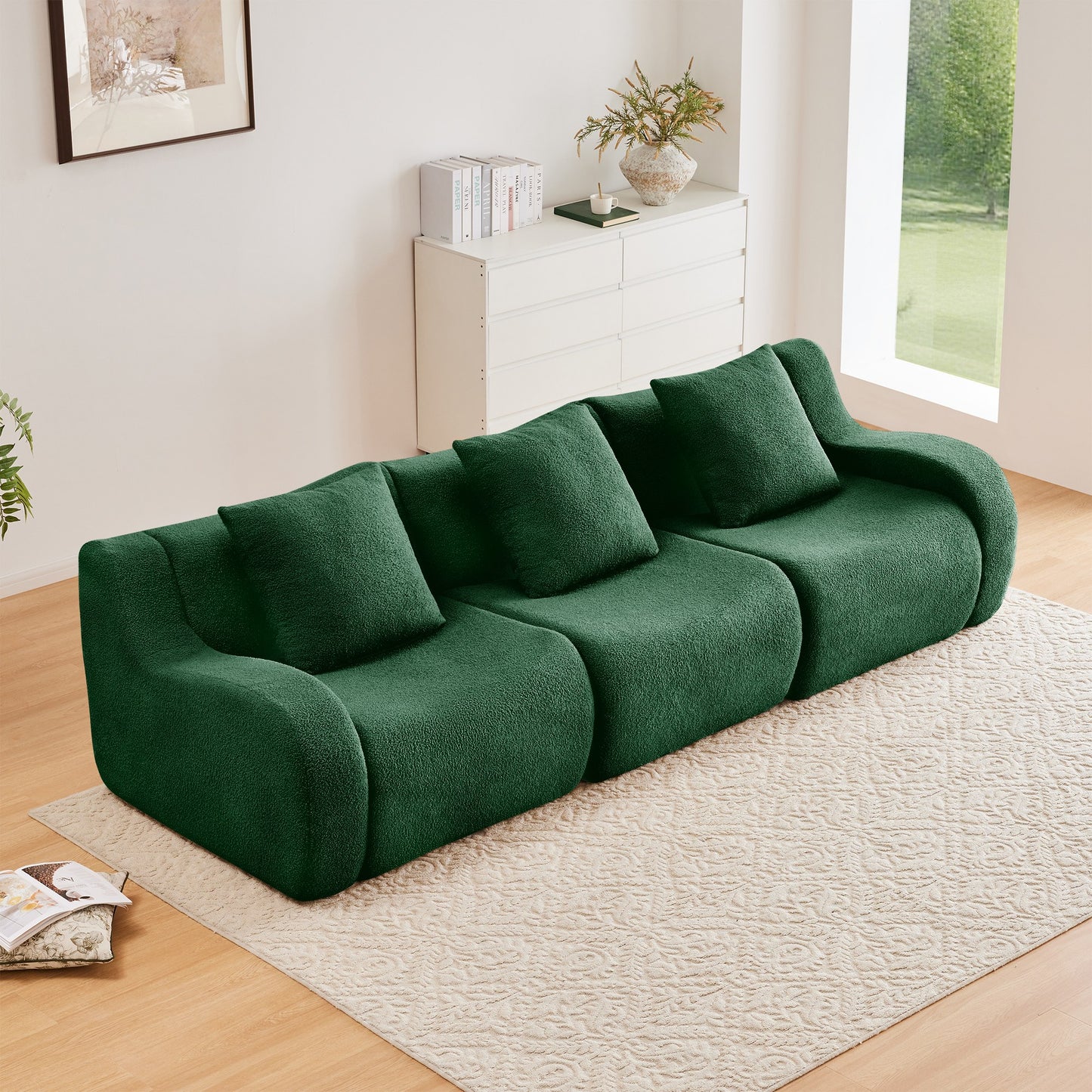 Green teddy fleece boneless sofa, 3-seat layout, straight on view in a living room — Green / 3-Seat