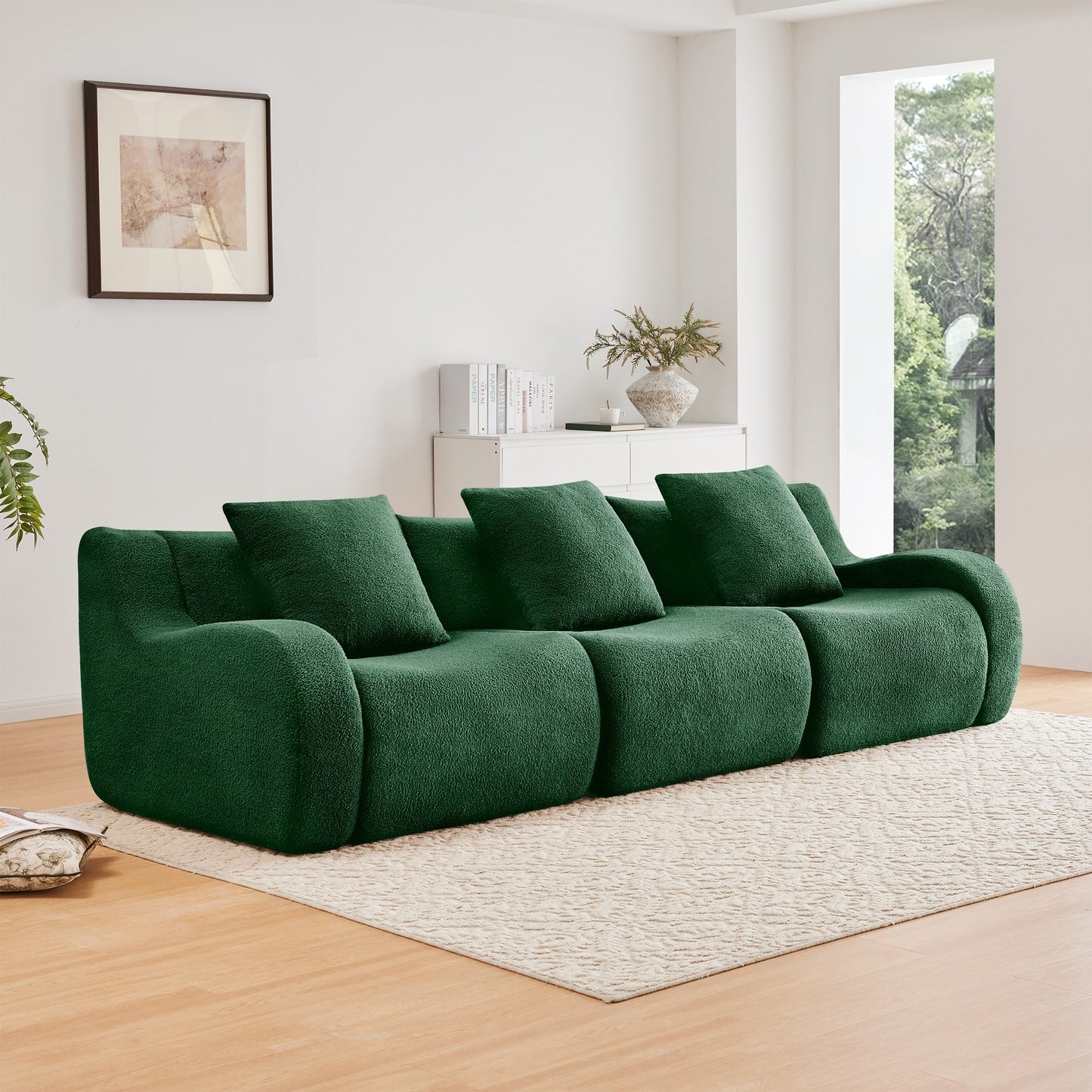 Green teddy fleece boneless sofa, 3-seat layout, angled view in a bright living room — Green / 3-Seat