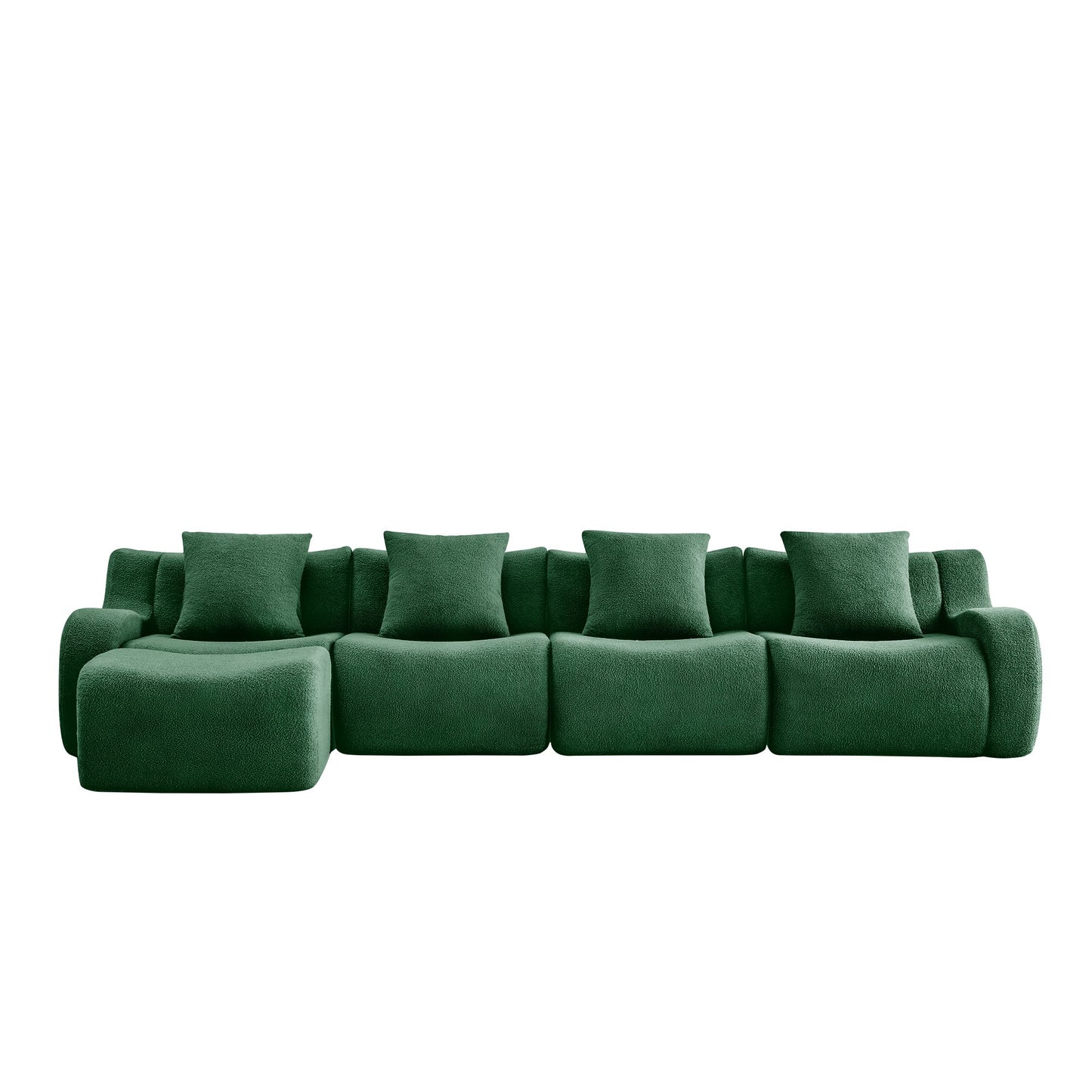 Green teddy fleece boneless sofa, 4-seat with one ottoman layout, 45 degree view on a white background — Green / 4-Seat + 1 Ottoman