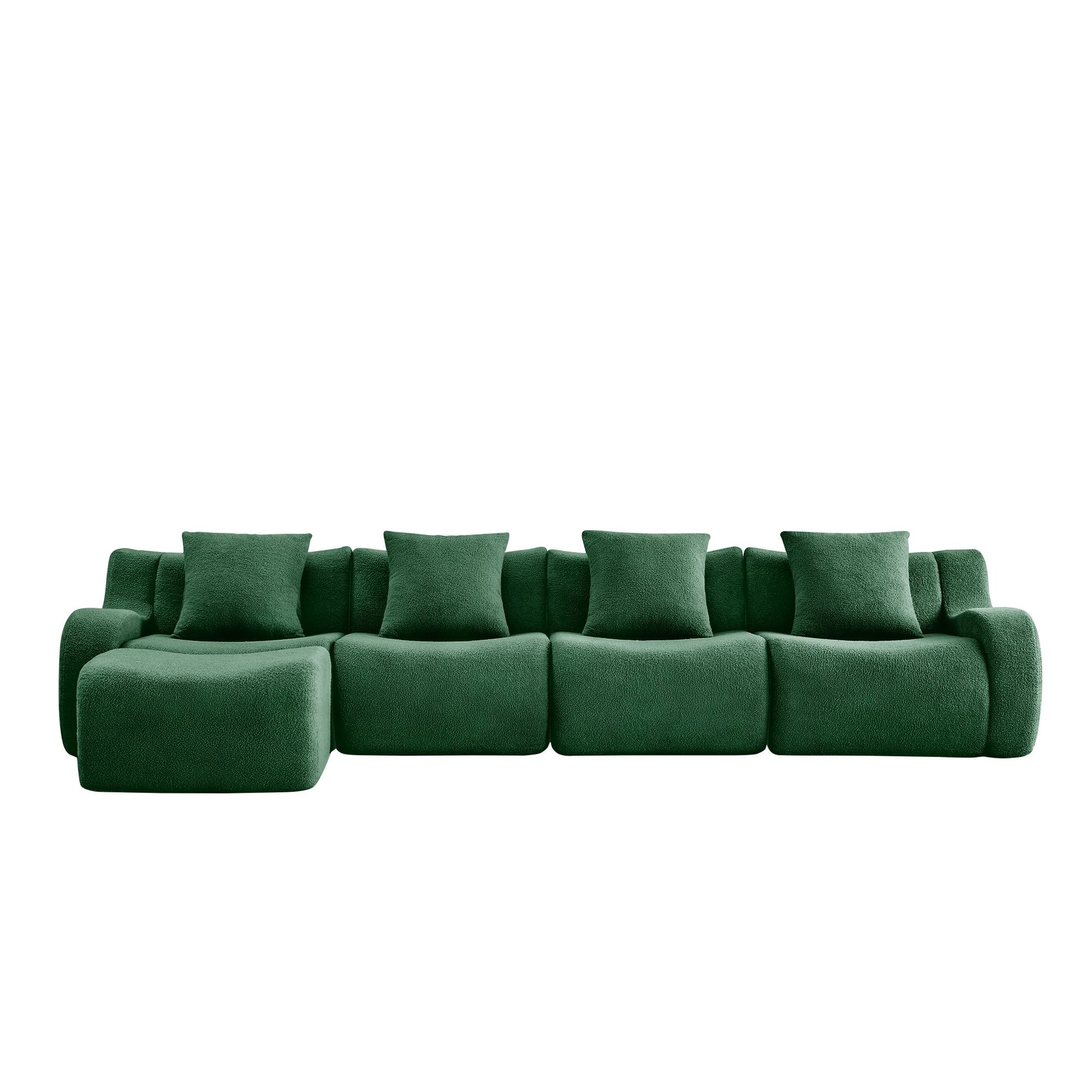 Green teddy fleece boneless sofa, 4-seat with one ottoman layout, 45 degree view on a white background — Green / 4-Seat + 1 Ottoman