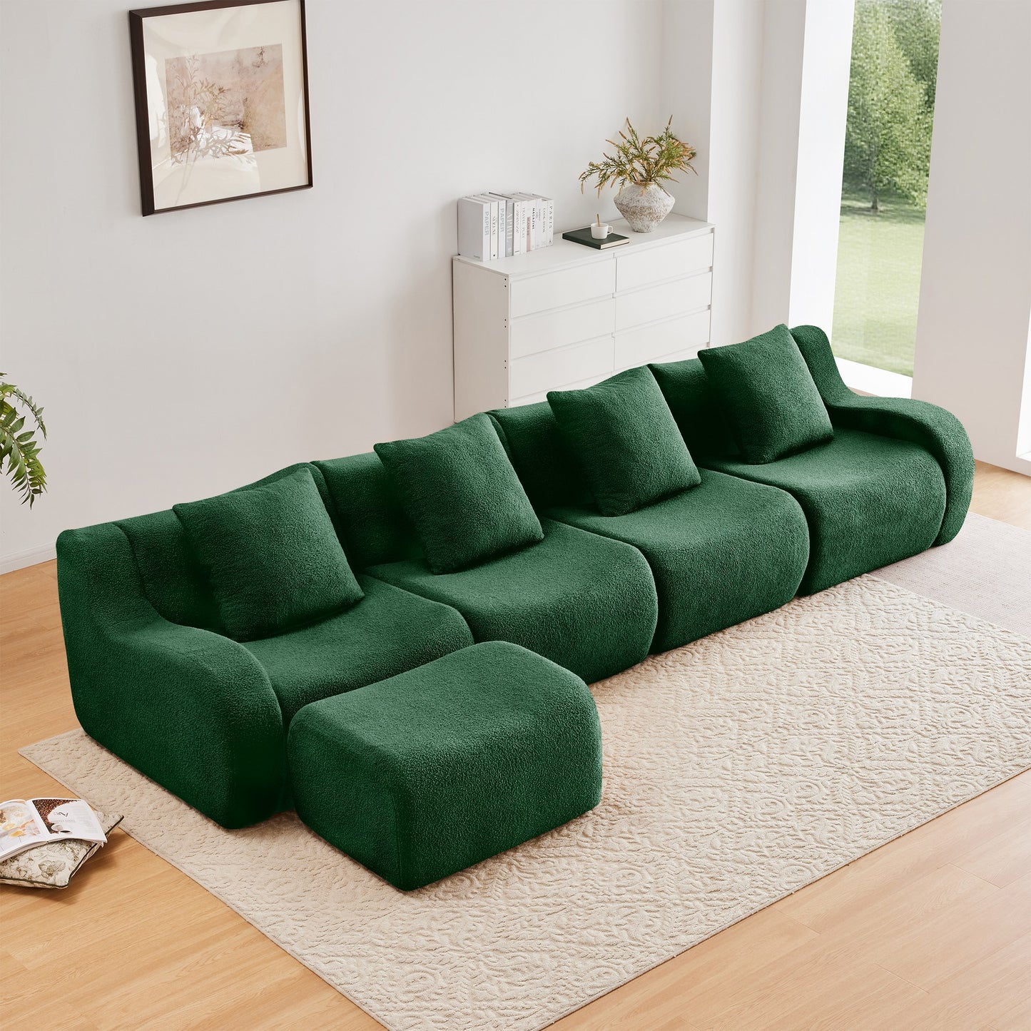 Green teddy fleece boneless sofa, 4-seat with one ottoman layout, straight on view in a living room — Green / 4-Seat + 1 Ottoman