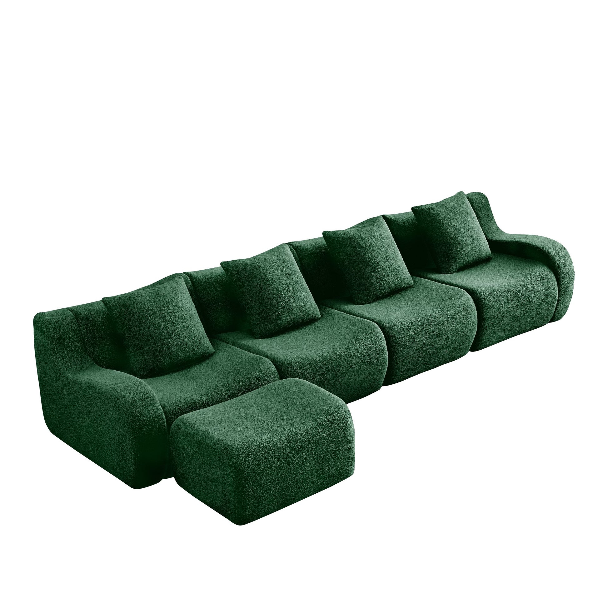 Green teddy fleece boneless sofa, 4-seat with one ottoman layout, side view on a white background — Green / 4-Seat + 1 Ottoman