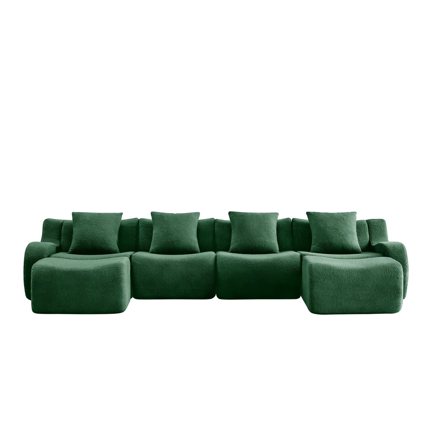 Green teddy fleece boneless sofa, 4-seat with two ottomans layout, 45 degree view on a white background — Green / 4-Seat + 2 Ottomans