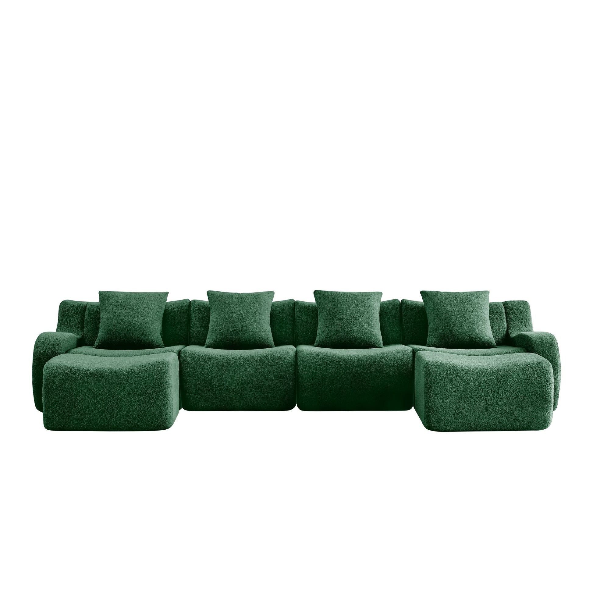 Green teddy fleece boneless sofa, 4-seat with two ottomans layout, 45 degree view on a white background — Green / 4-Seat + 2 Ottomans