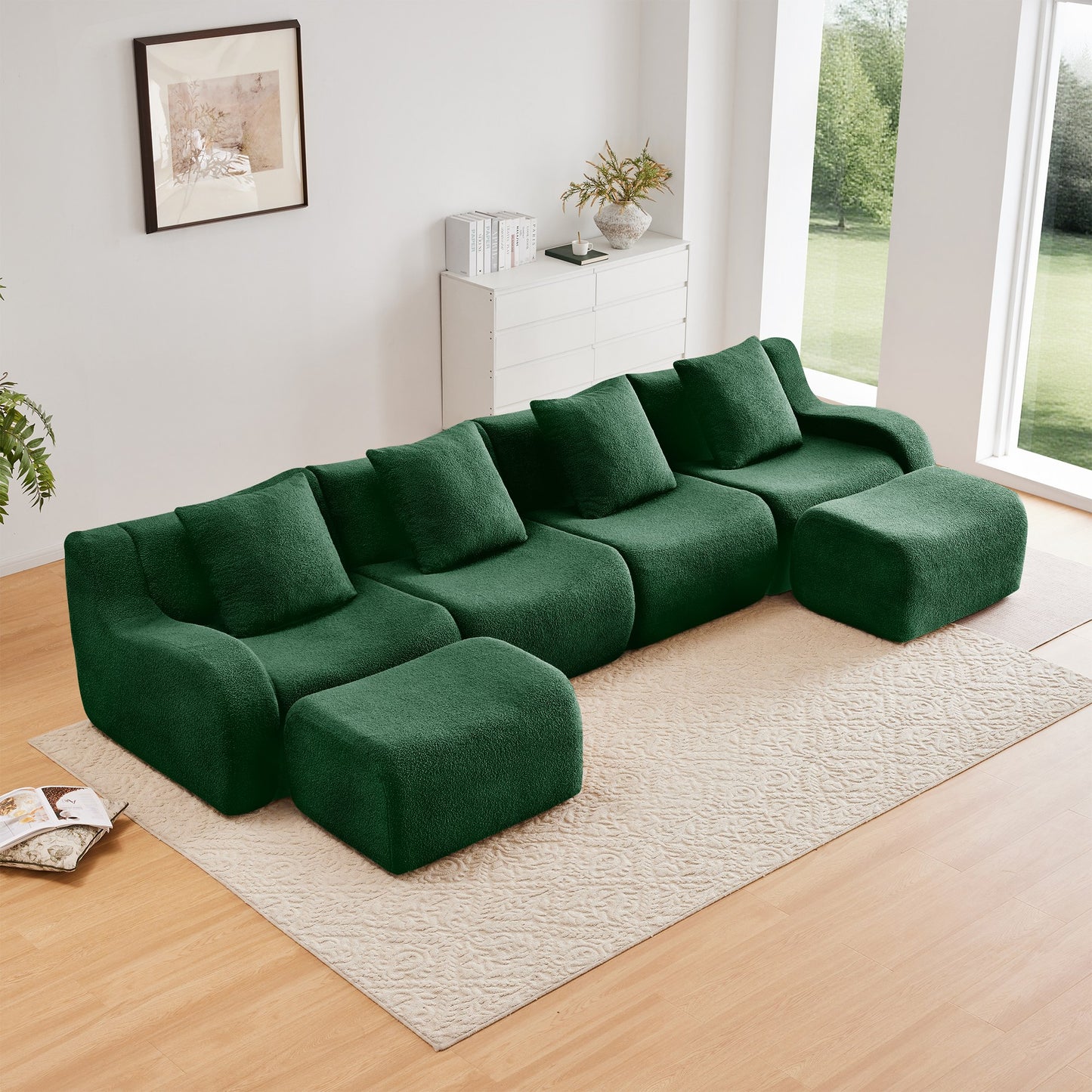 Green teddy fleece boneless sofa, 4-seat with two ottomans layout, straight on view in a living room — Green / 4-Seat + 2 Ottomans