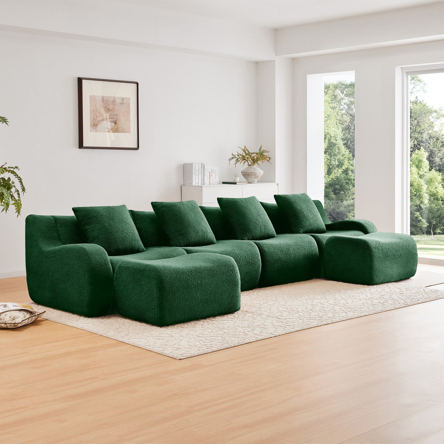 Green teddy fleece boneless sofa, 4-seat with two ottomans layout, angled view in a bright living room — Green / 4-Seat + 2 Ottomans