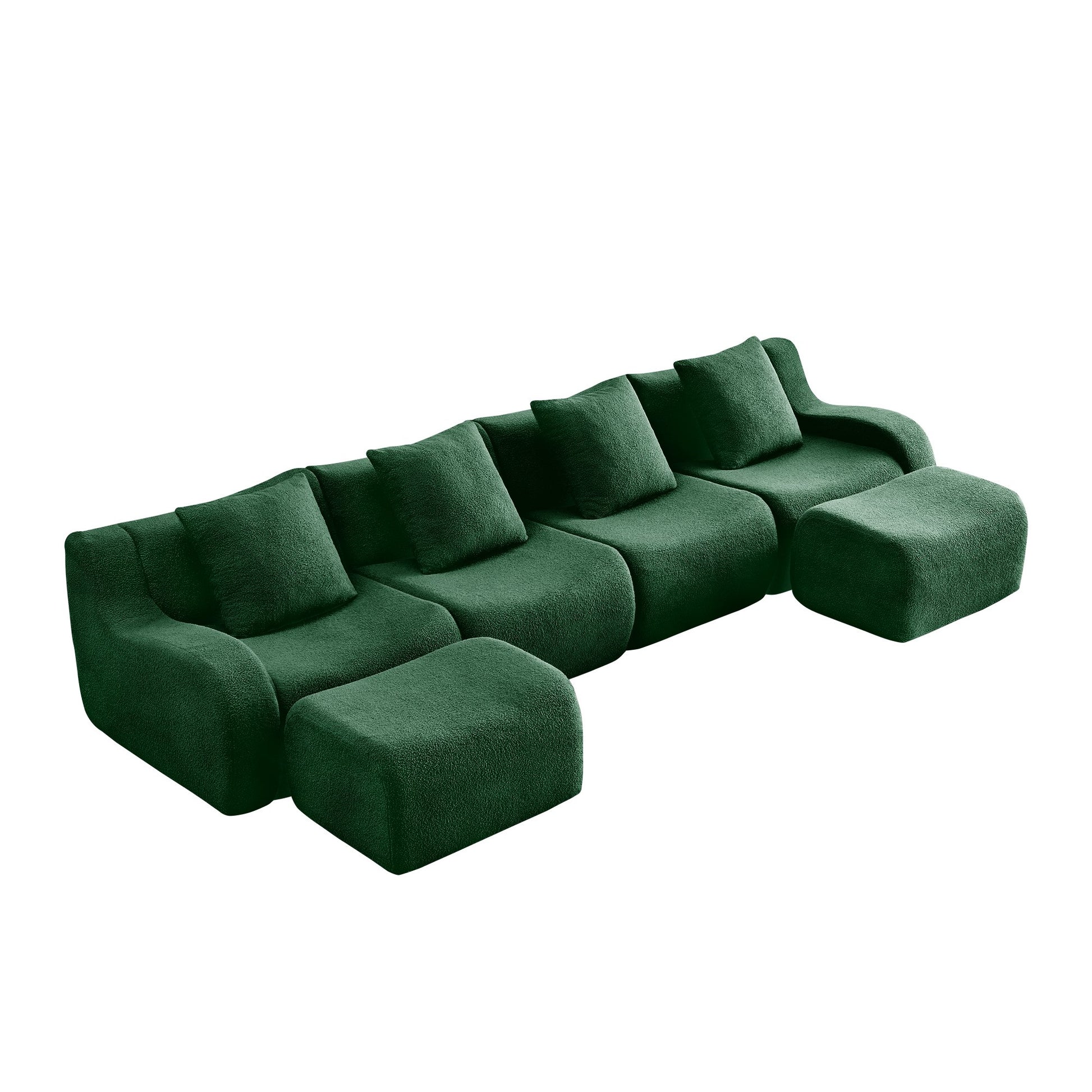 Green teddy fleece boneless sofa, 4-seat with two ottomans layout, side view on a white background — Green / 4-Seat + 2 Ottomans