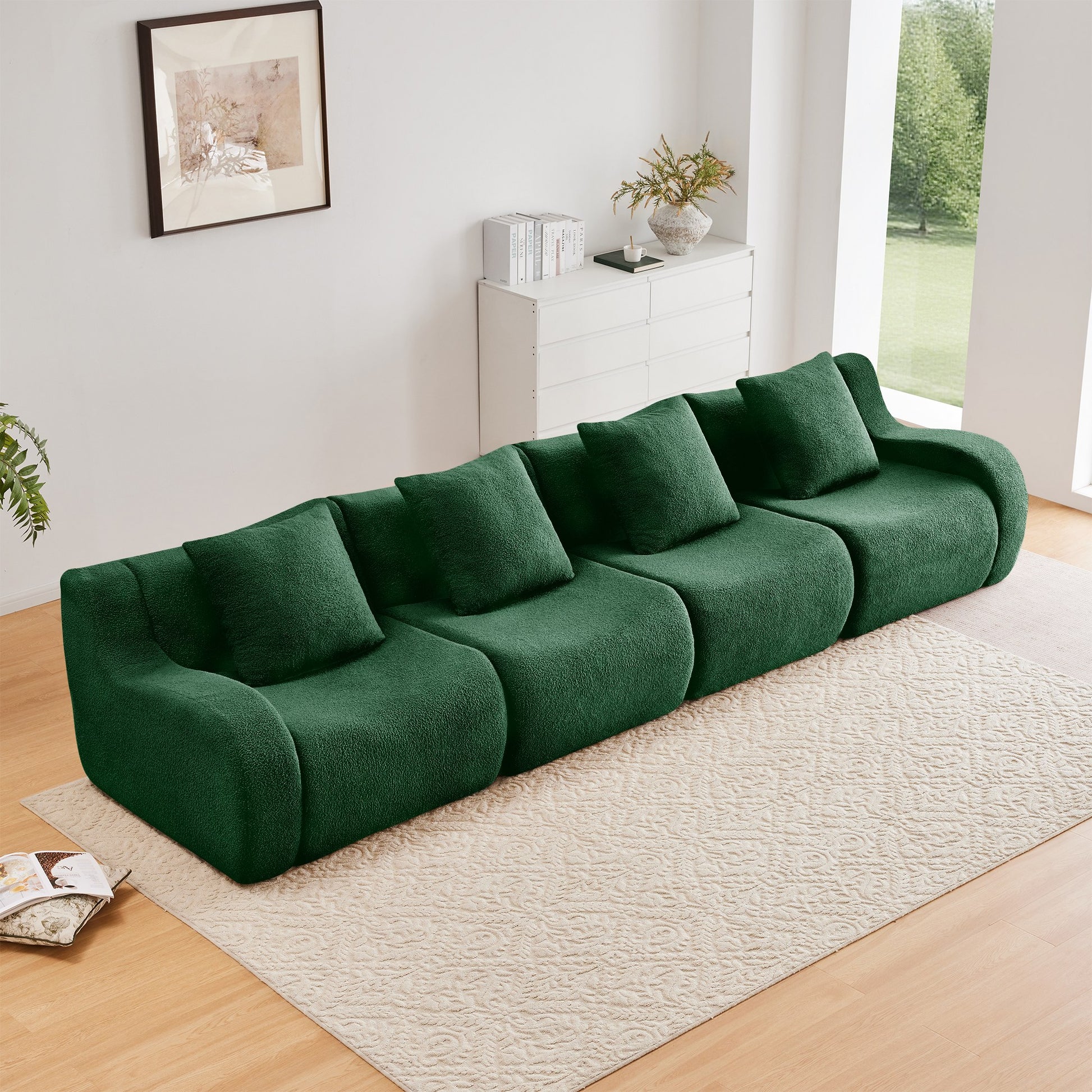 Green teddy fleece boneless sofa, 4-seat layout, straight on view in a living room — Green / 4-Seat