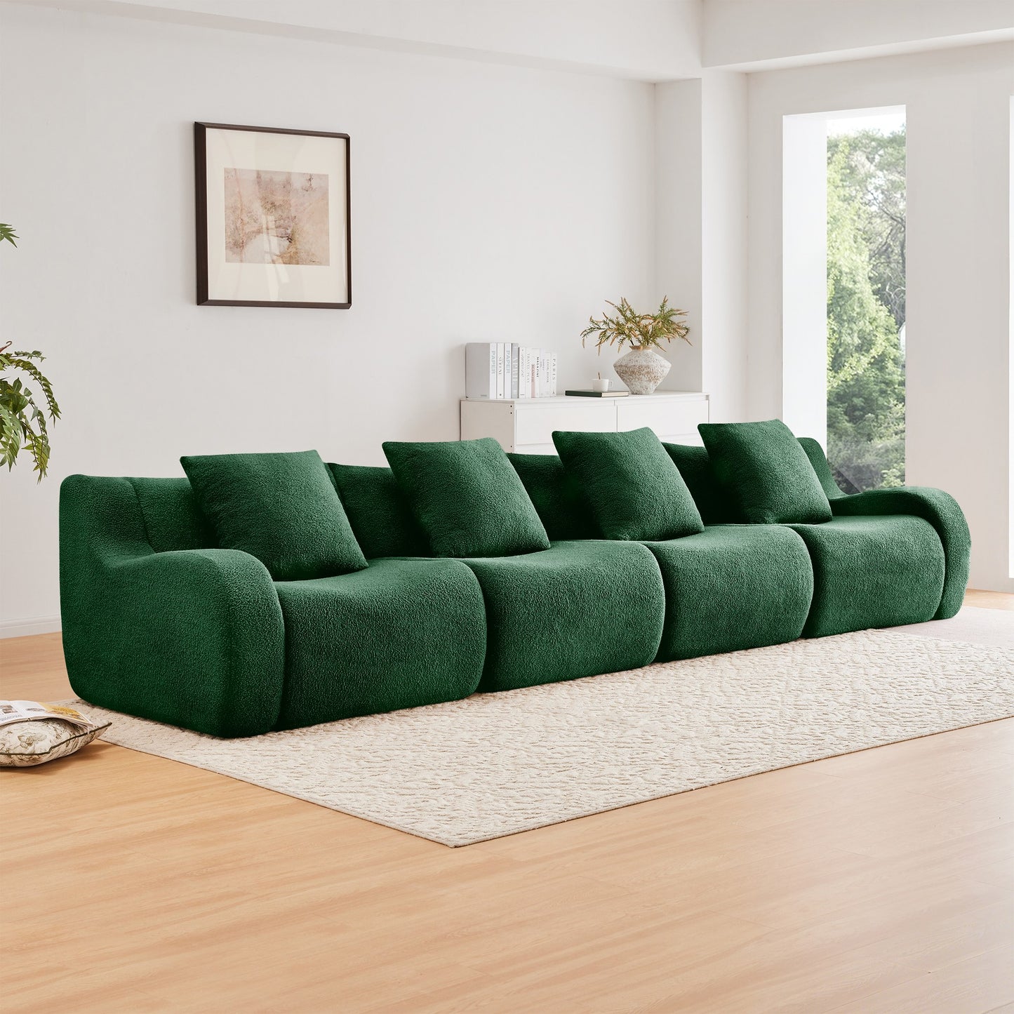 Green teddy fleece boneless sofa, 4-seat layout, angled view in a bright living room — Green / 4-Seat