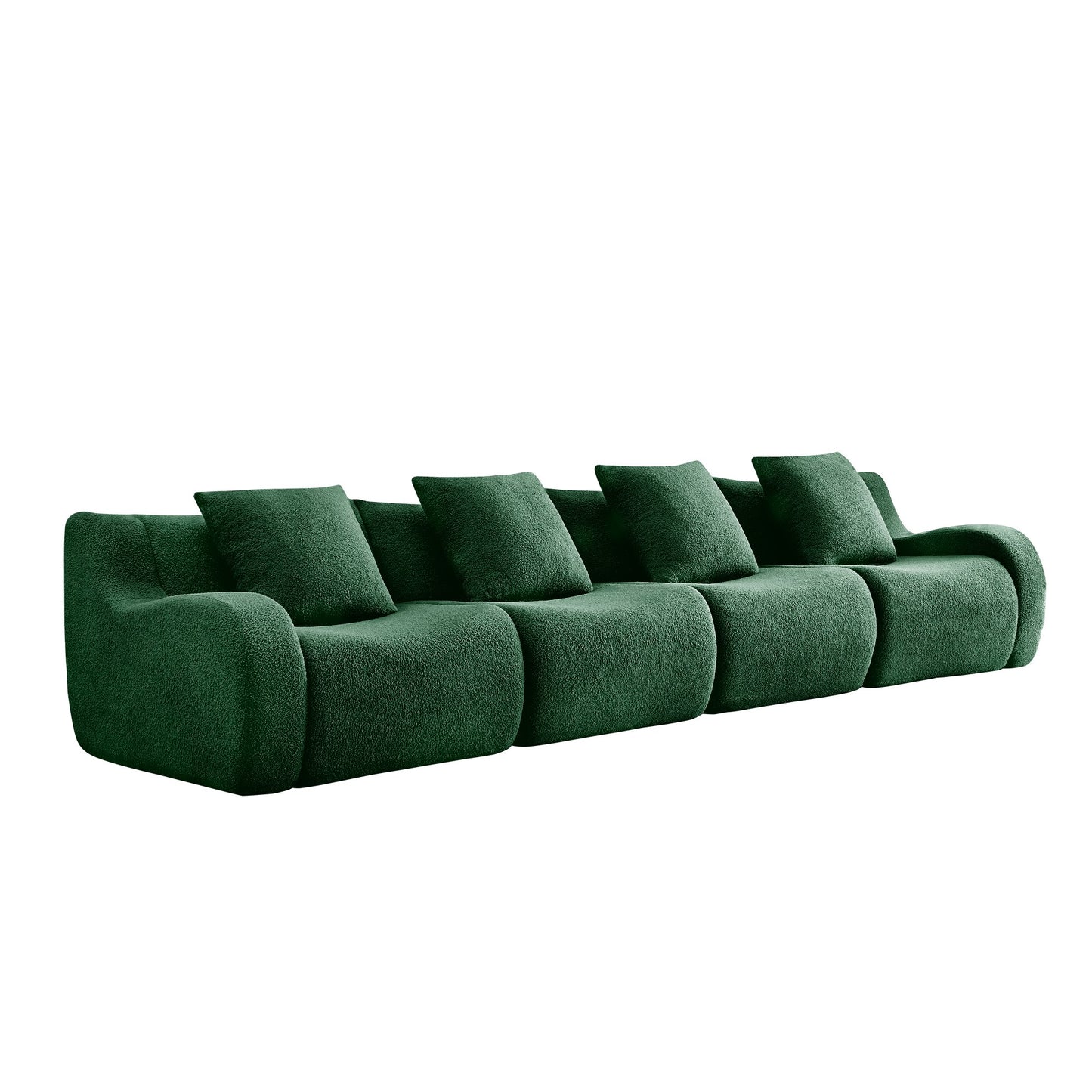 Green teddy fleece boneless sofa, 4-seat layout, side view on a white background — Green / 4-Seat