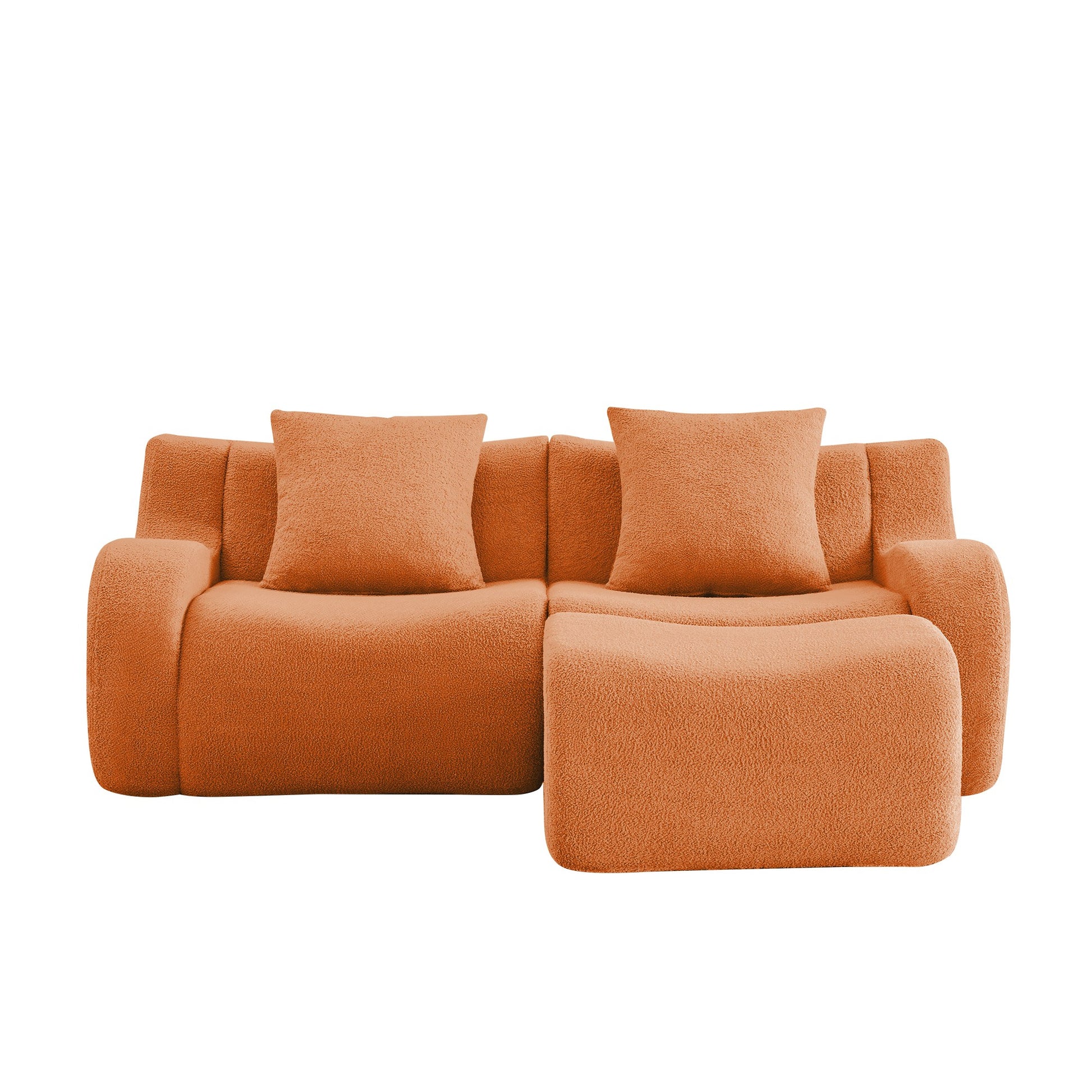 Orange teddy fleece boneless sofa, 2-seat with one ottoman layout, 45 degree view on a white background — Orange / 2-Seat + 1 Ottoman