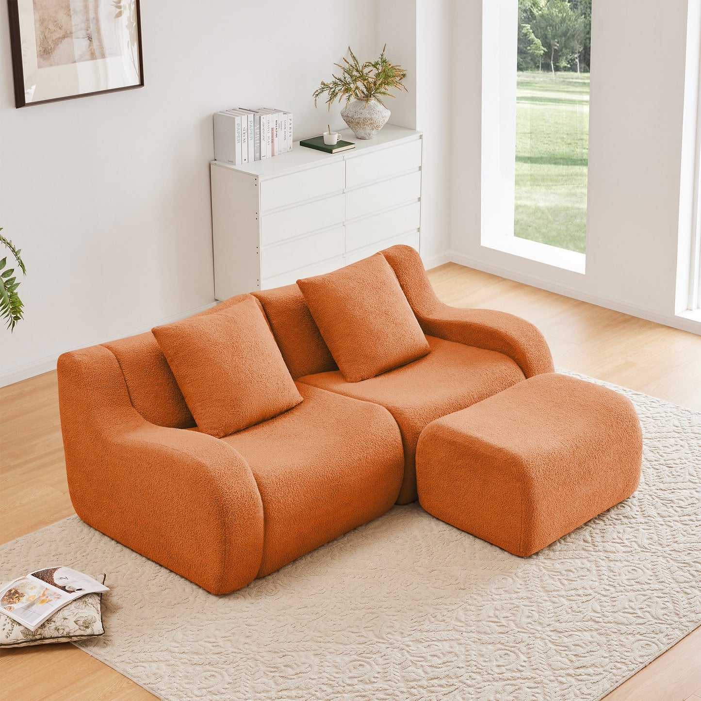 Orange teddy fleece boneless sofa, 2-seat with one ottoman layout, straight on view in a living room — Orange / 2-Seat + 1 Ottoman