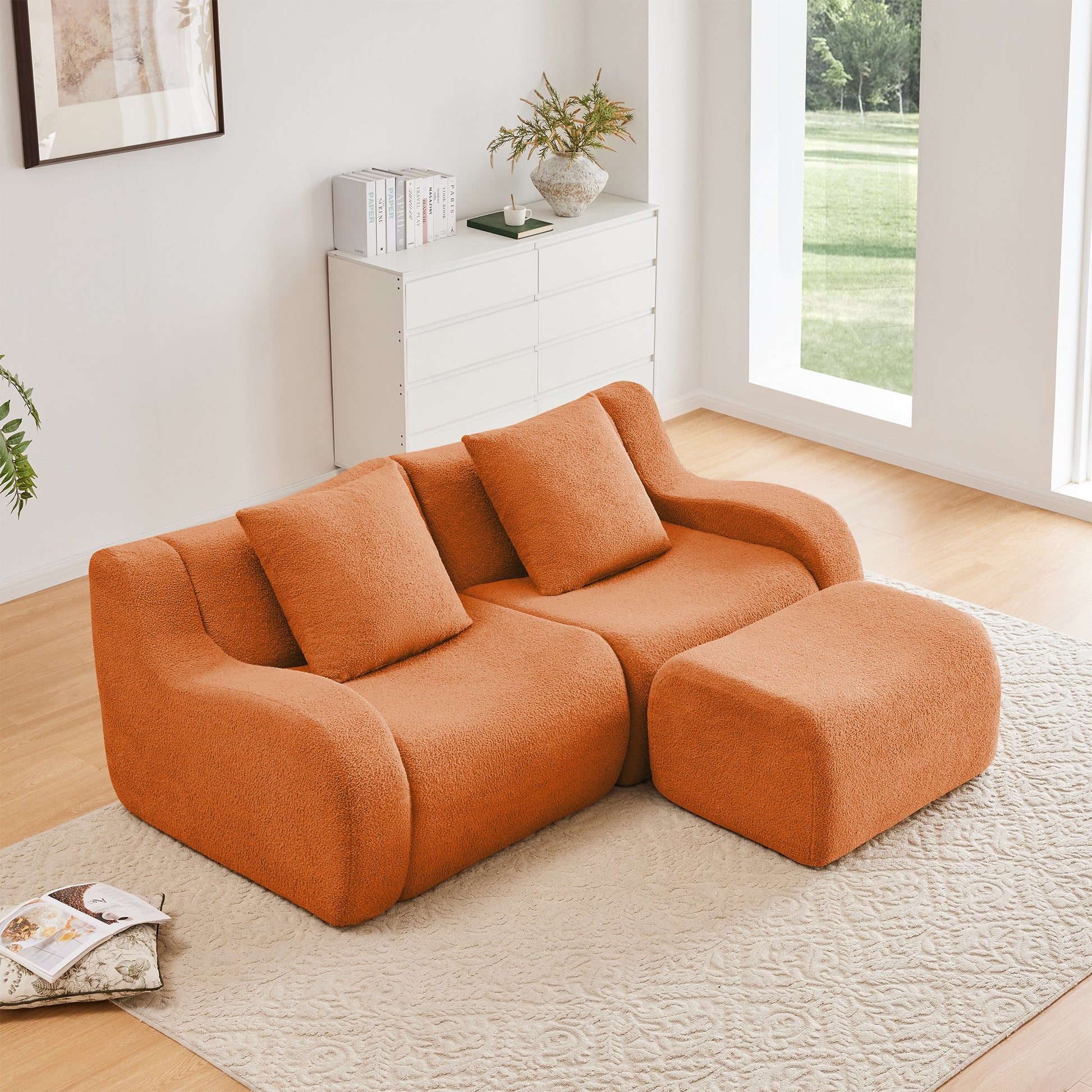 Orange teddy fleece boneless sofa, 2-seat with one ottoman layout, straight on view in a living room — Orange / 2-Seat + 1 Ottoman