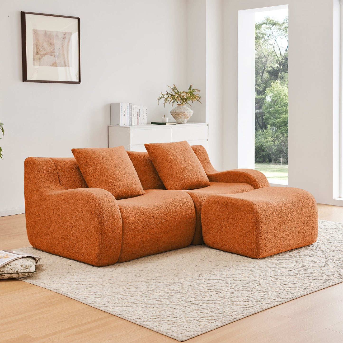 Orange teddy fleece boneless sofa, 2-seat with one ottoman layout, angled view in a bright living room — Orange / 2-Seat + 1 Ottoman