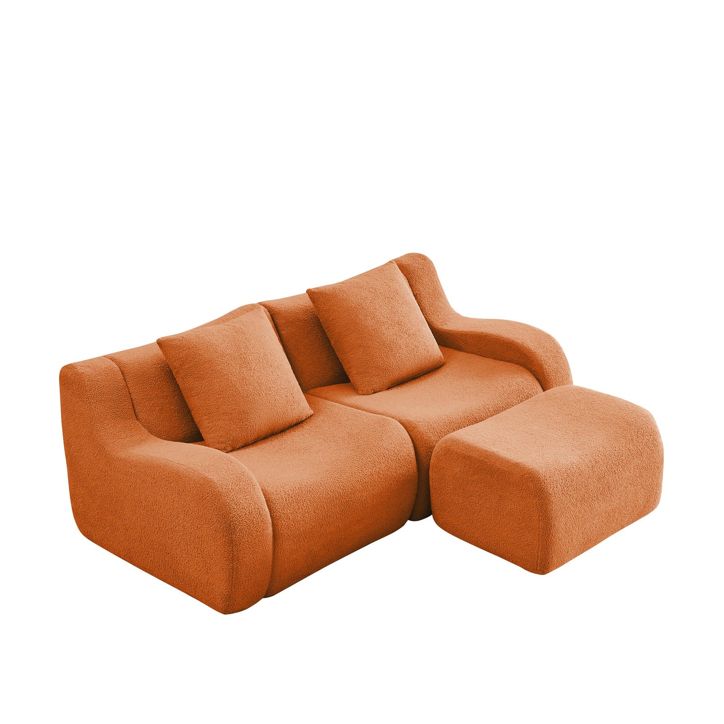 Orange teddy fleece boneless sofa, 2-seat with one ottoman layout, side view on a white background — Orange / 2-Seat + 1 Ottoman