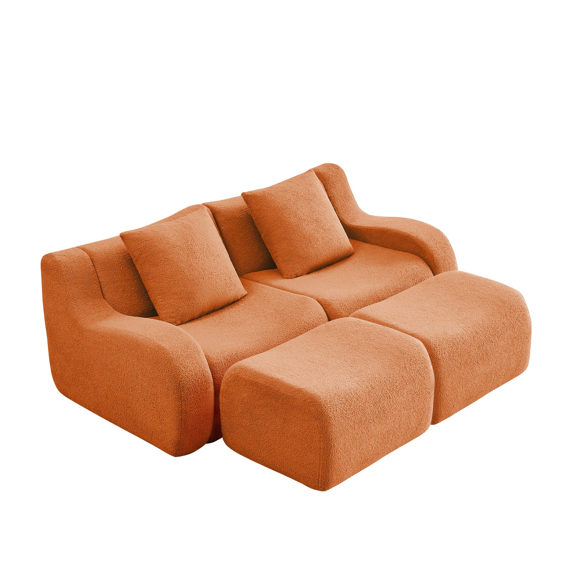Orange teddy fleece boneless sofa, 2-seat with two ottomans layout, 45 degree view on a white background — Orange / 2-Seat + 2 Ottomans