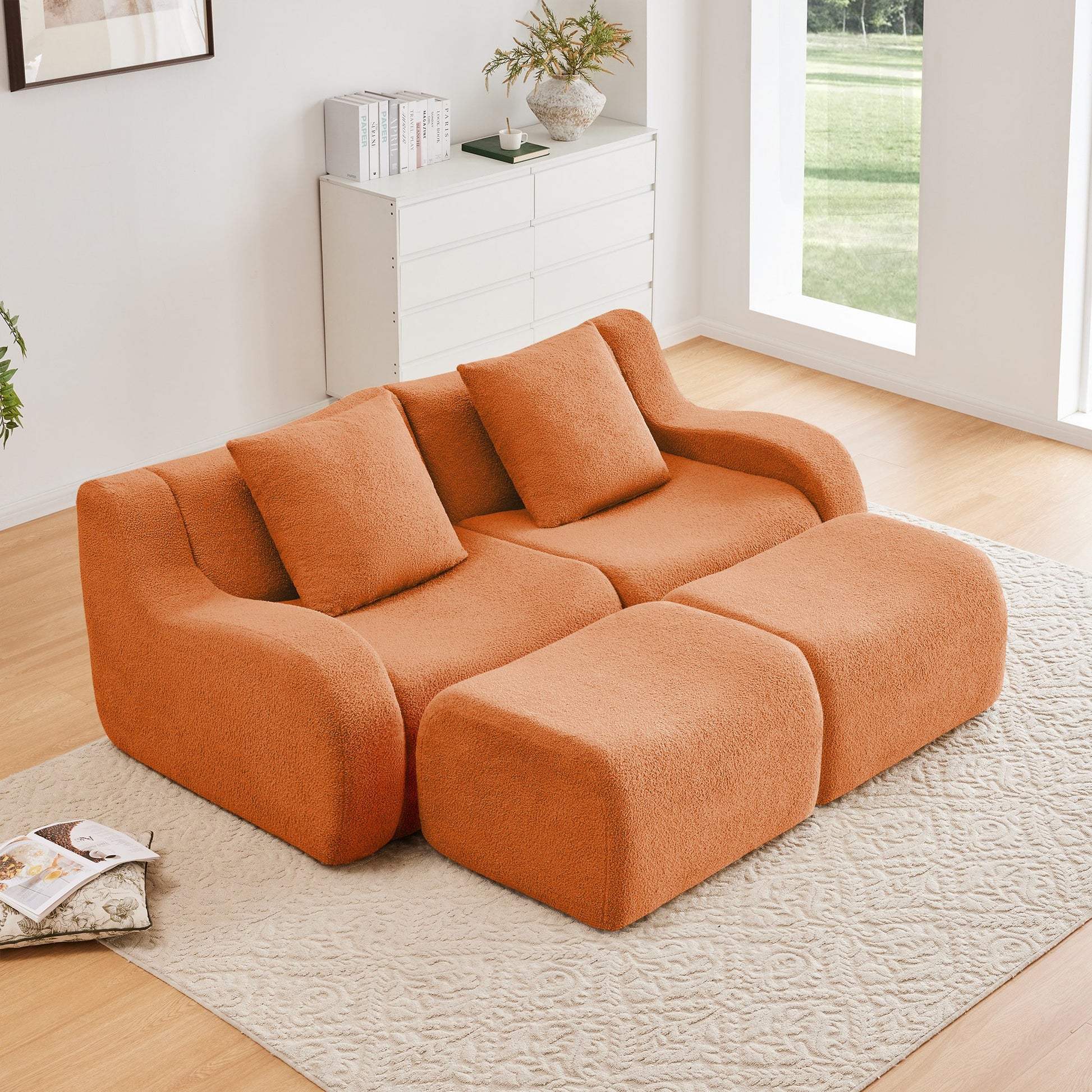 Orange teddy fleece boneless sofa, 2-seat with two ottomans layout, straight on view in a living room — Orange / 2-Seat + 2 Ottomans