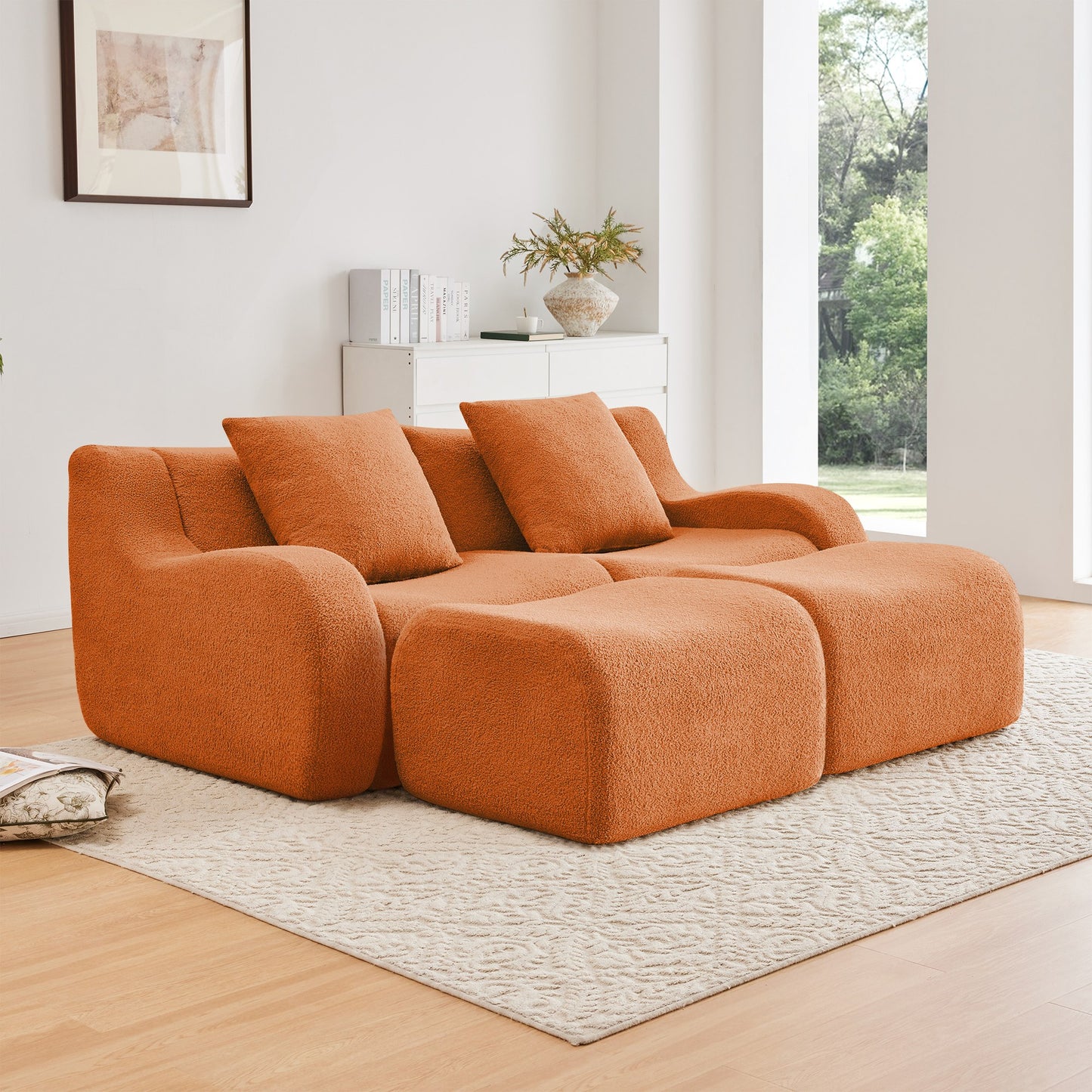 Orange teddy fleece boneless sofa, 2-seat with two ottomans layout, angled view in a bright living room — Orange / 2-Seat + 2 Ottomans