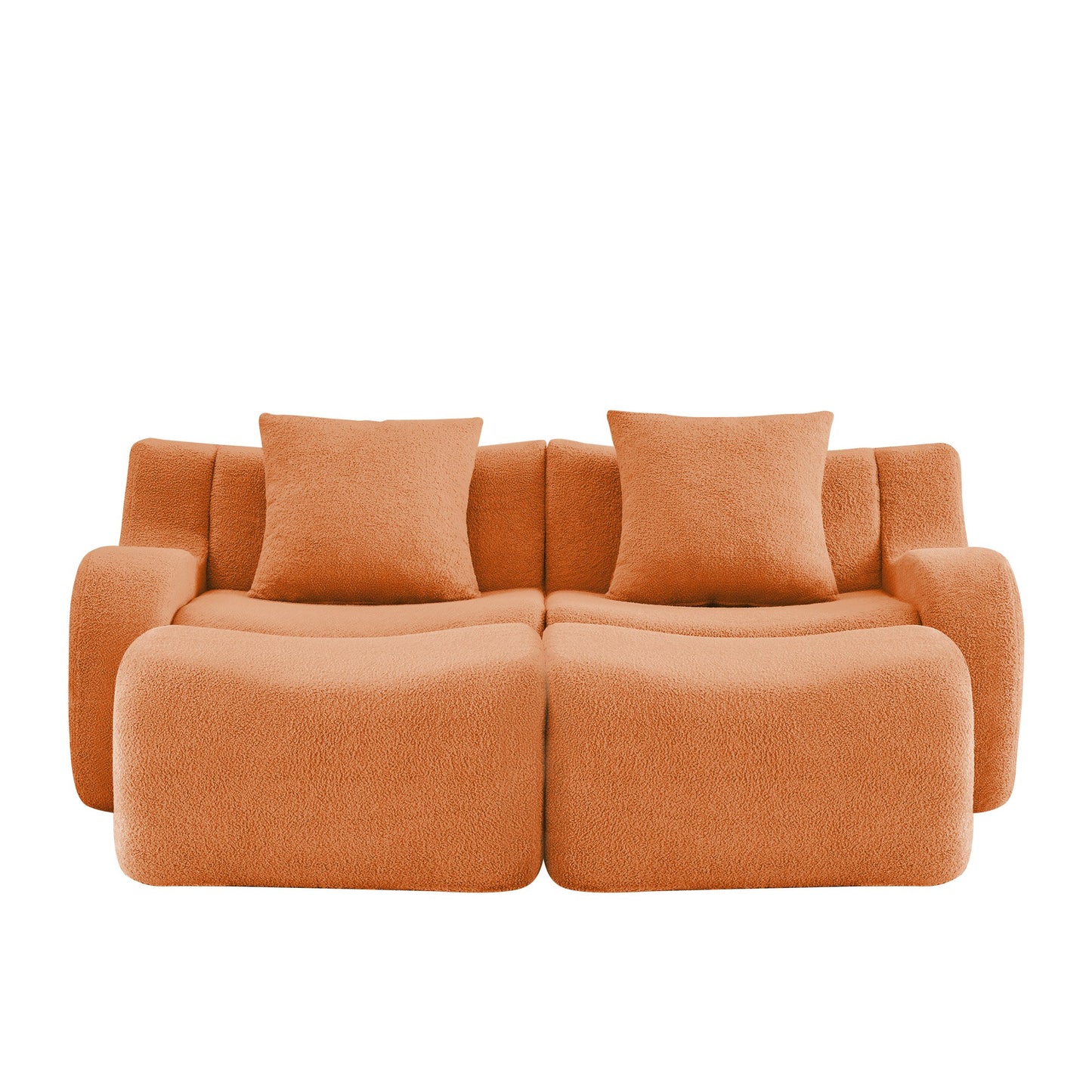 Orange teddy fleece boneless sofa, 2-seat with two ottomans layout, side view on a white background — Orange / 2-Seat + 2 Ottomans