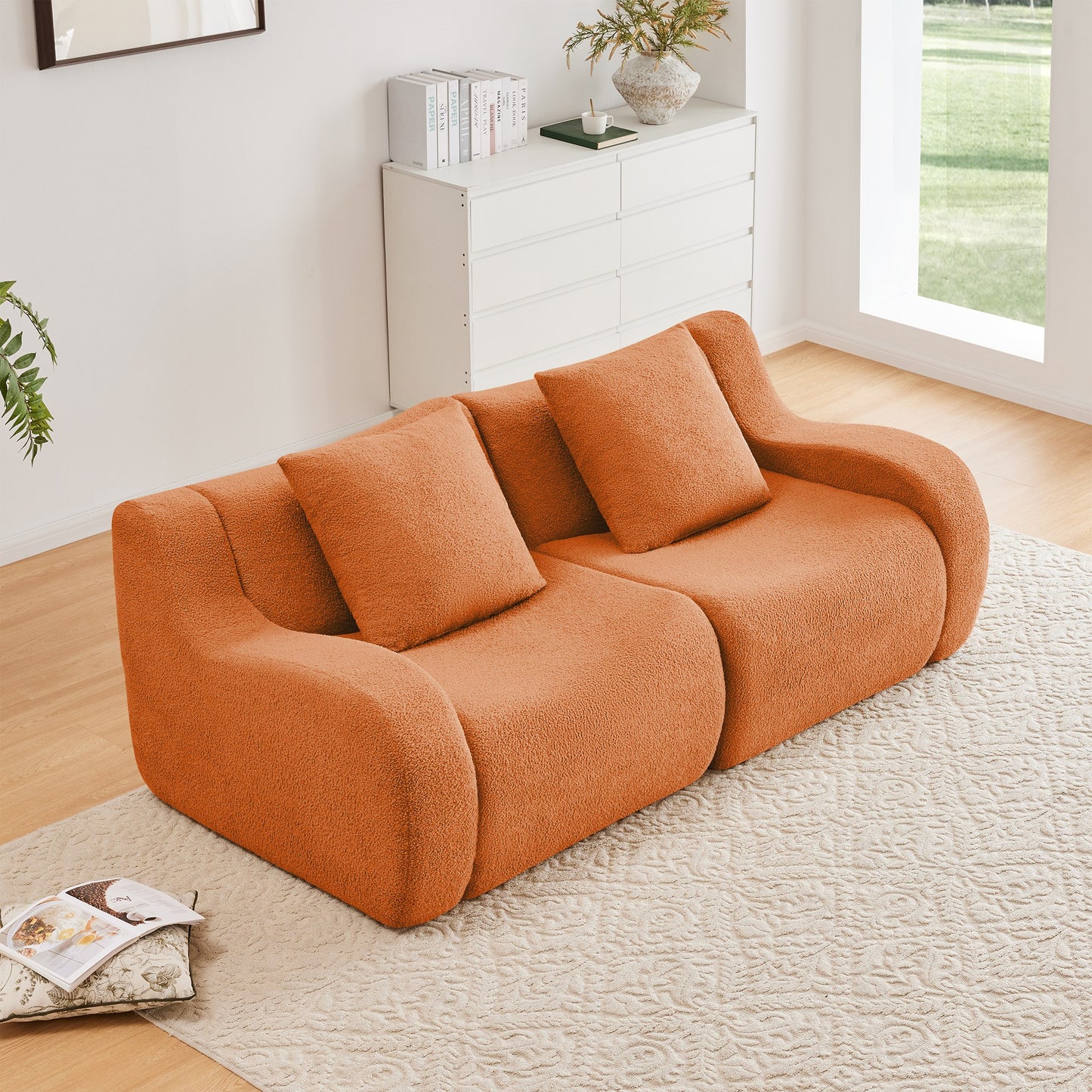 Orange teddy fleece boneless sofa, 2-seat layout, straight on view in a living room — Orange / 2-Seat
