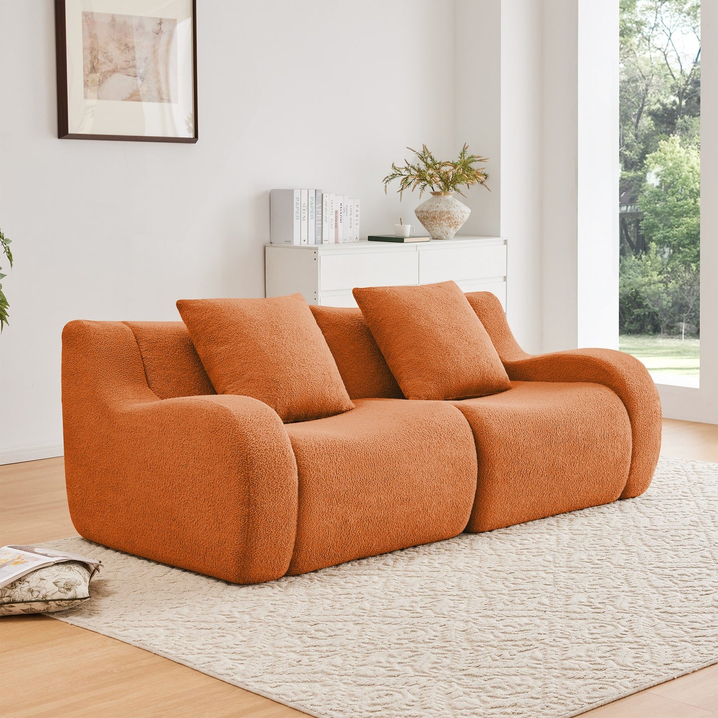 Orange teddy fleece boneless sofa, 2-seat layout, angled view in a bright living room — Orange / 2-Seat