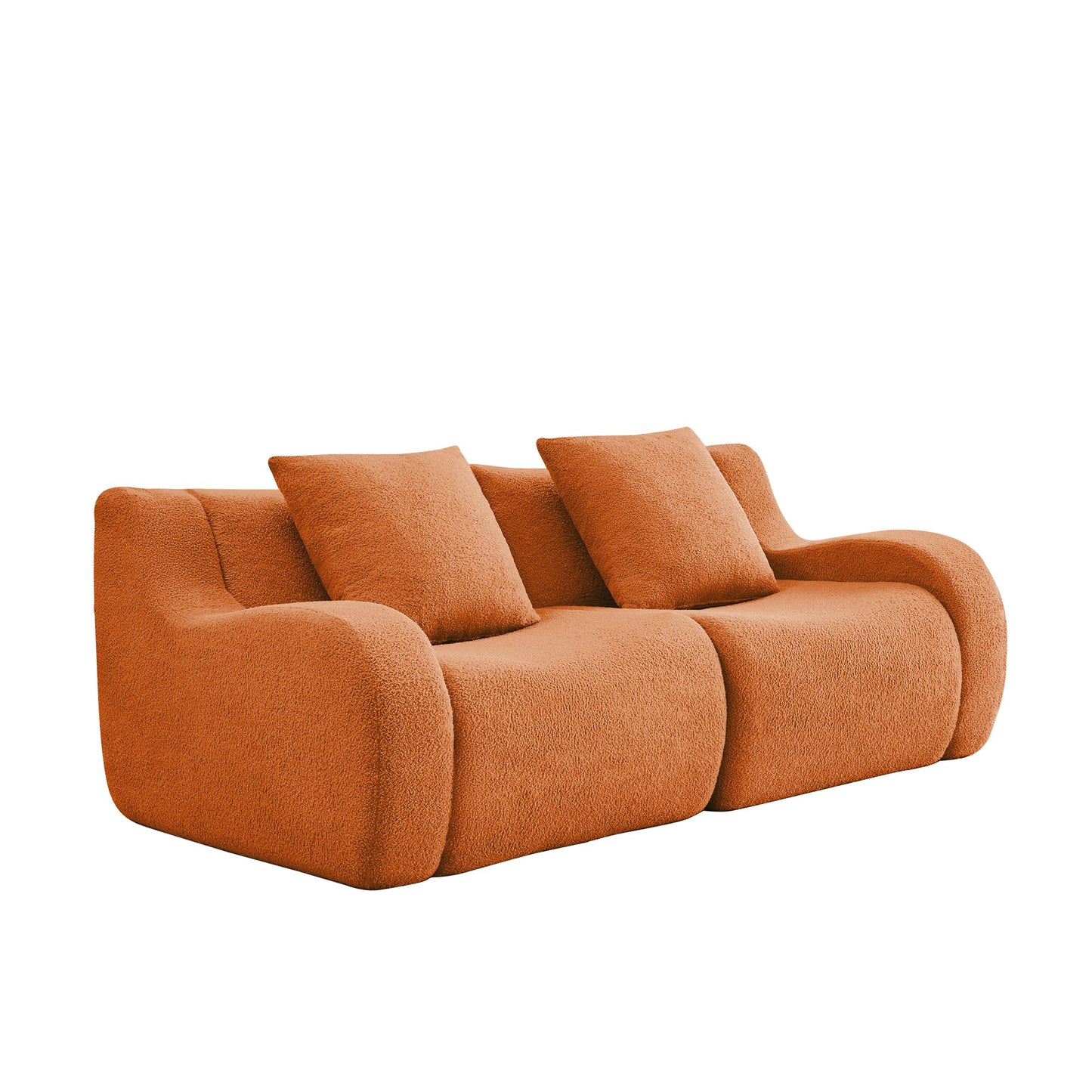 Orange teddy fleece boneless sofa, 2-seat layout, side view on a white background — Orange / 2-Seat