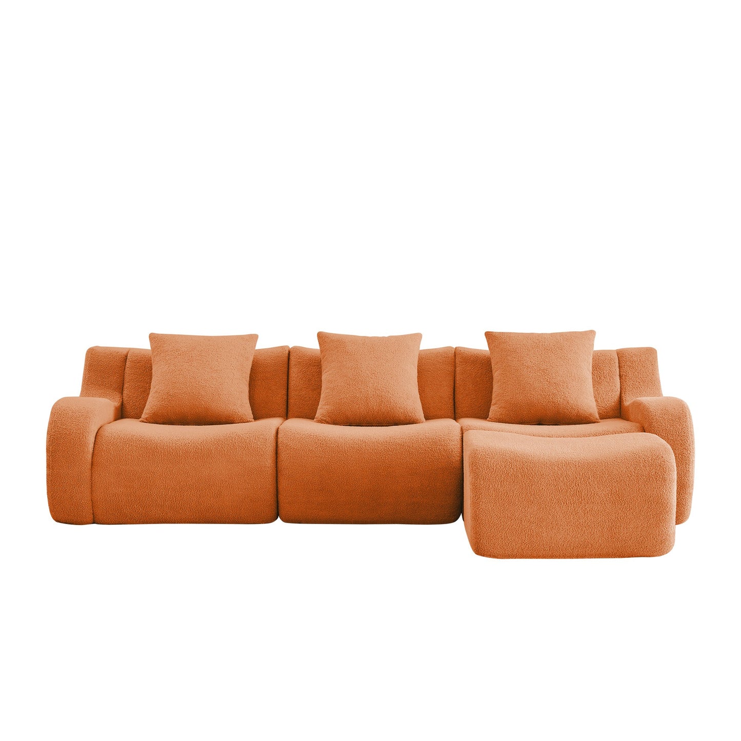 Orange teddy fleece boneless sofa, 3-seat with one ottoman layout, 45 degree view on a white background — Orange / 3-Seat + 1 Ottoman