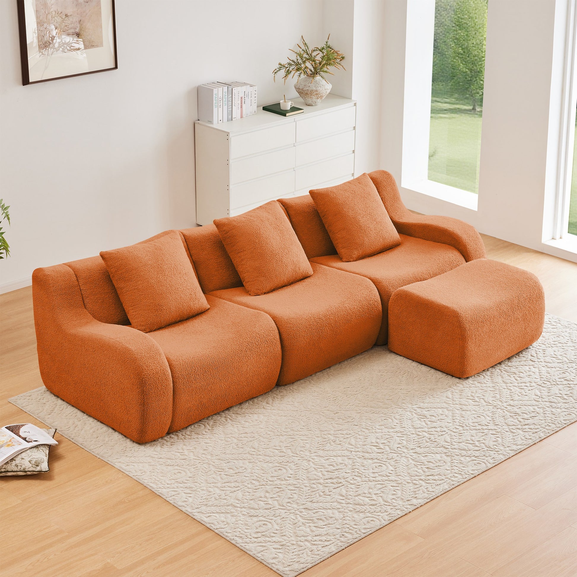 Orange teddy fleece boneless sofa, 3-seat with one ottoman layout, straight on view in a living room — Orange / 3-Seat + 1 Ottoman