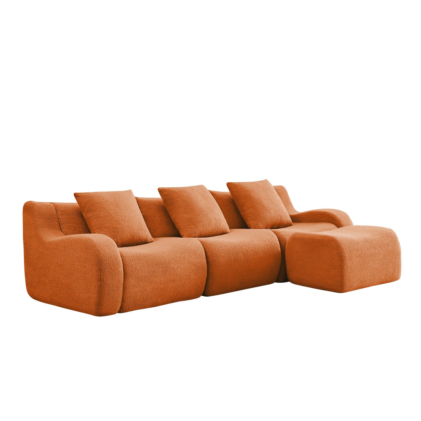 Orange teddy fleece boneless sofa, 3-seat with one ottoman layout, side view on a white background — Orange / 3-Seat + 1 Ottoman