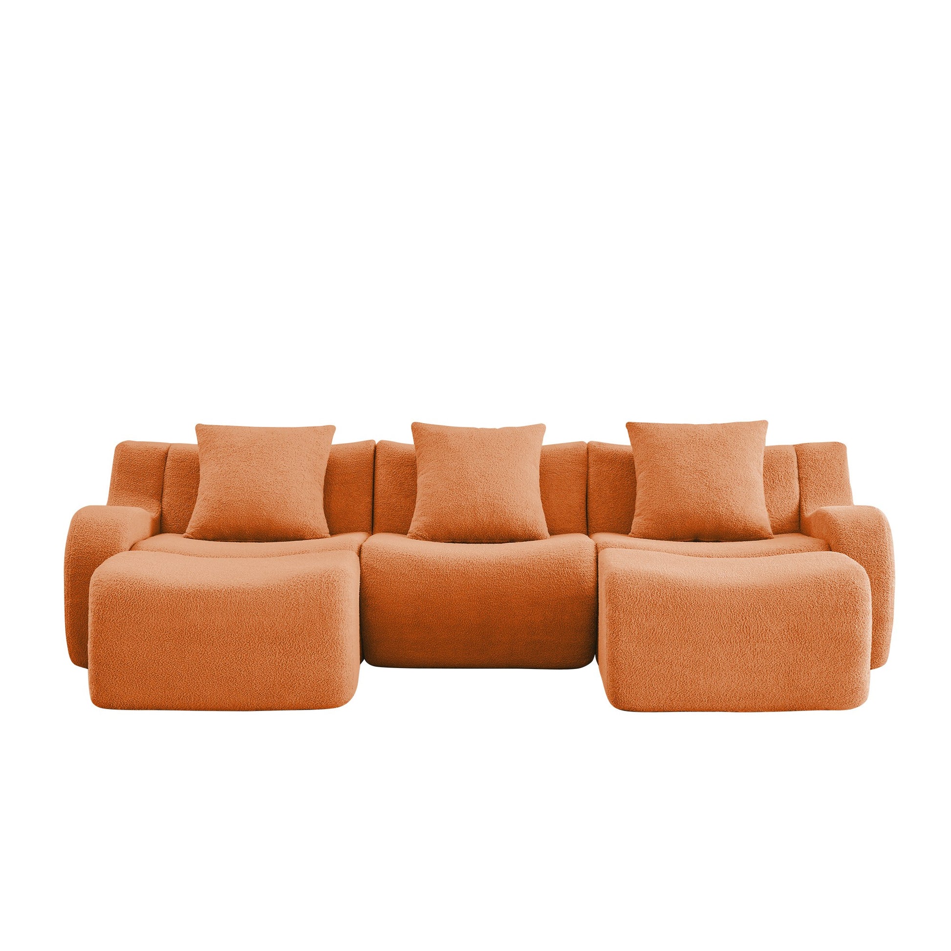 Orange teddy fleece boneless sofa, 3-seat with two ottomans layout, 45 degree view on a white background — Orange / 3-Seat + 2 Ottomans