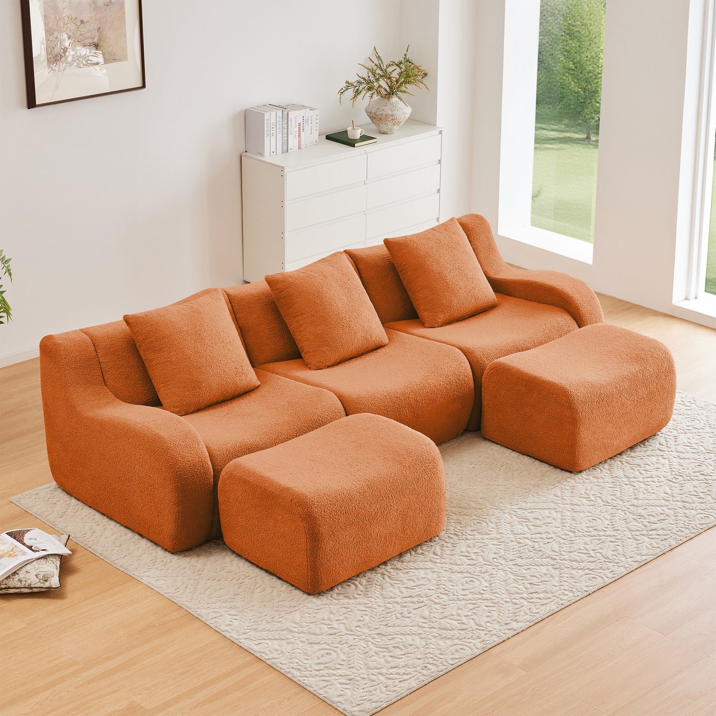 Orange teddy fleece boneless sofa, 3-seat with two ottomans layout, straight on view in a living room — Orange / 3-Seat + 2 Ottomans