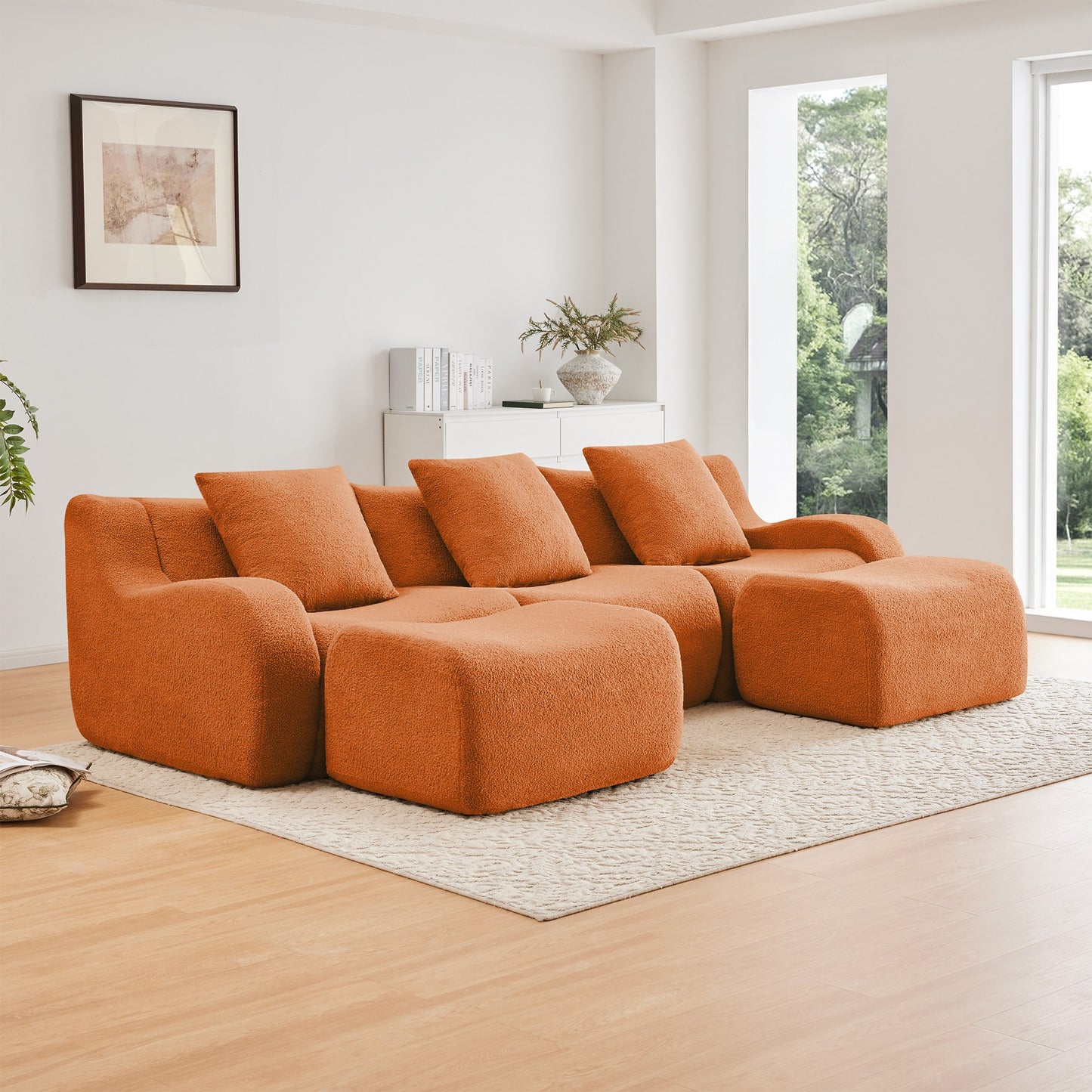 Orange teddy fleece boneless sofa, 3-seat with two ottomans layout, angled view in a bright living room — Orange / 3-Seat + 2 Ottomans