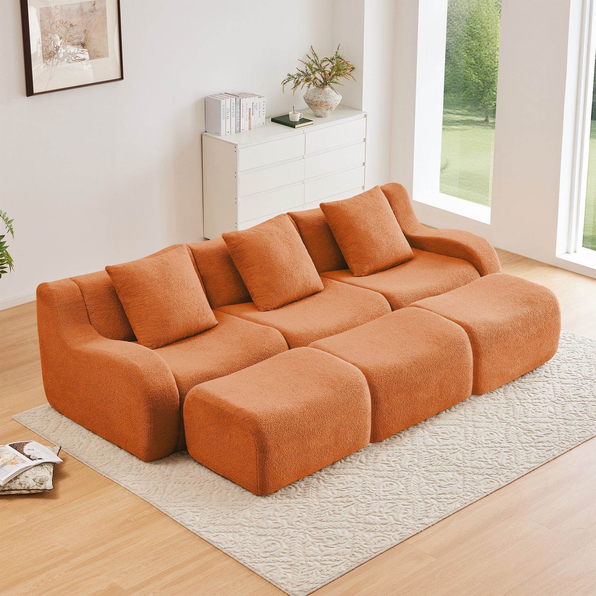 Orange teddy fleece boneless sofa, 3-seat with three ottomans layout, straight on view in a living room — Orange / 3-Seat + 3 Ottomans