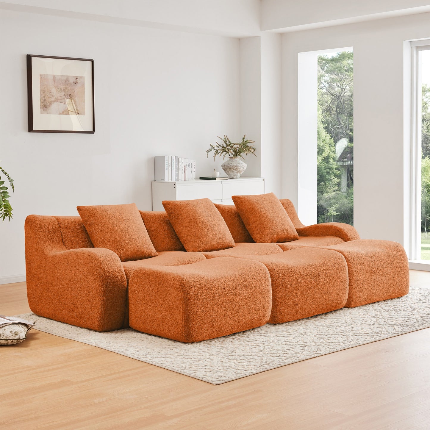 Orange teddy fleece boneless sofa, 3-seat with three ottomans layout, angled view in a bright living room — Orange / 3-Seat + 3 Ottomans