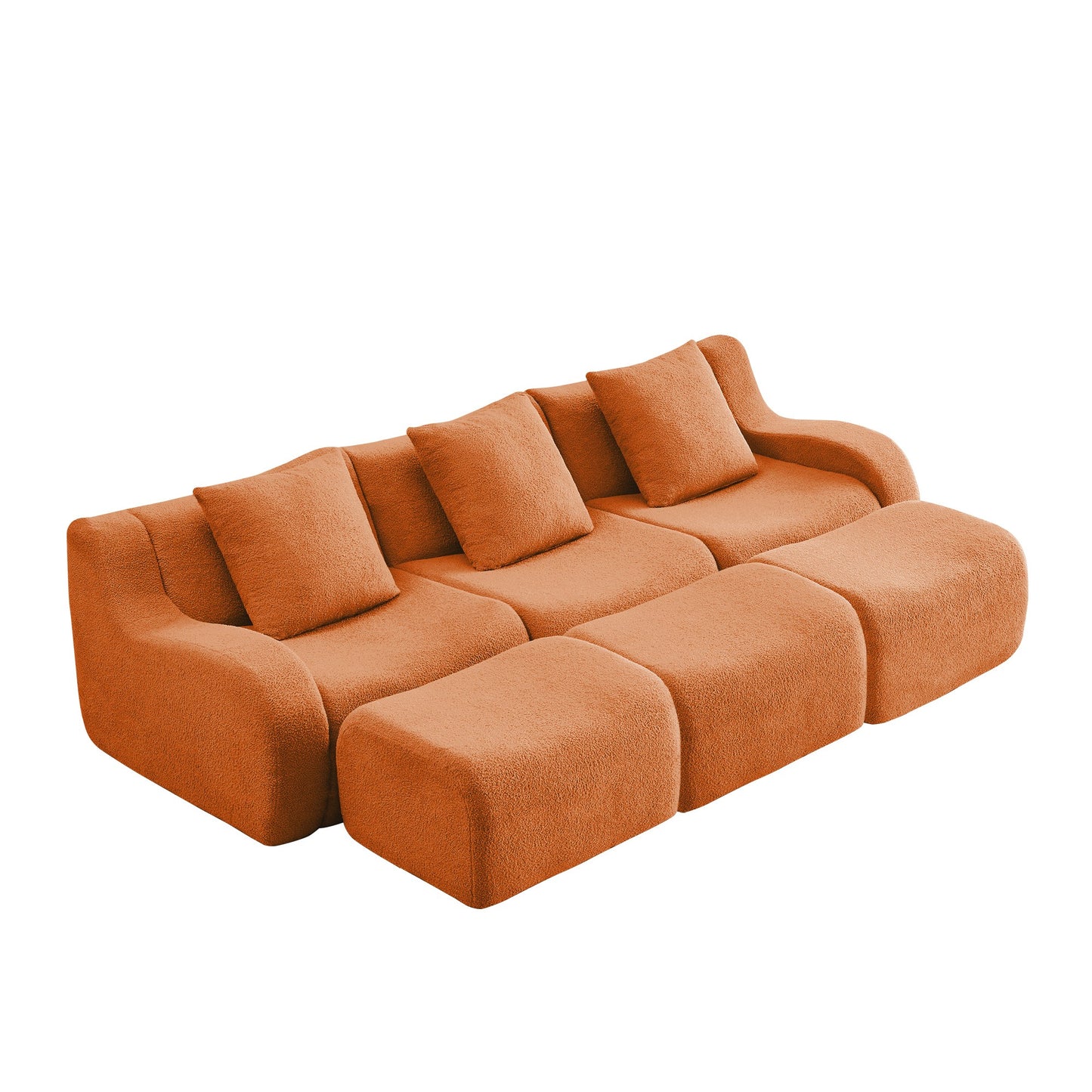 Orange teddy fleece boneless sofa, 3-seat with three ottomans layout, side view on a white background — Orange / 3-Seat + 3 Ottomans