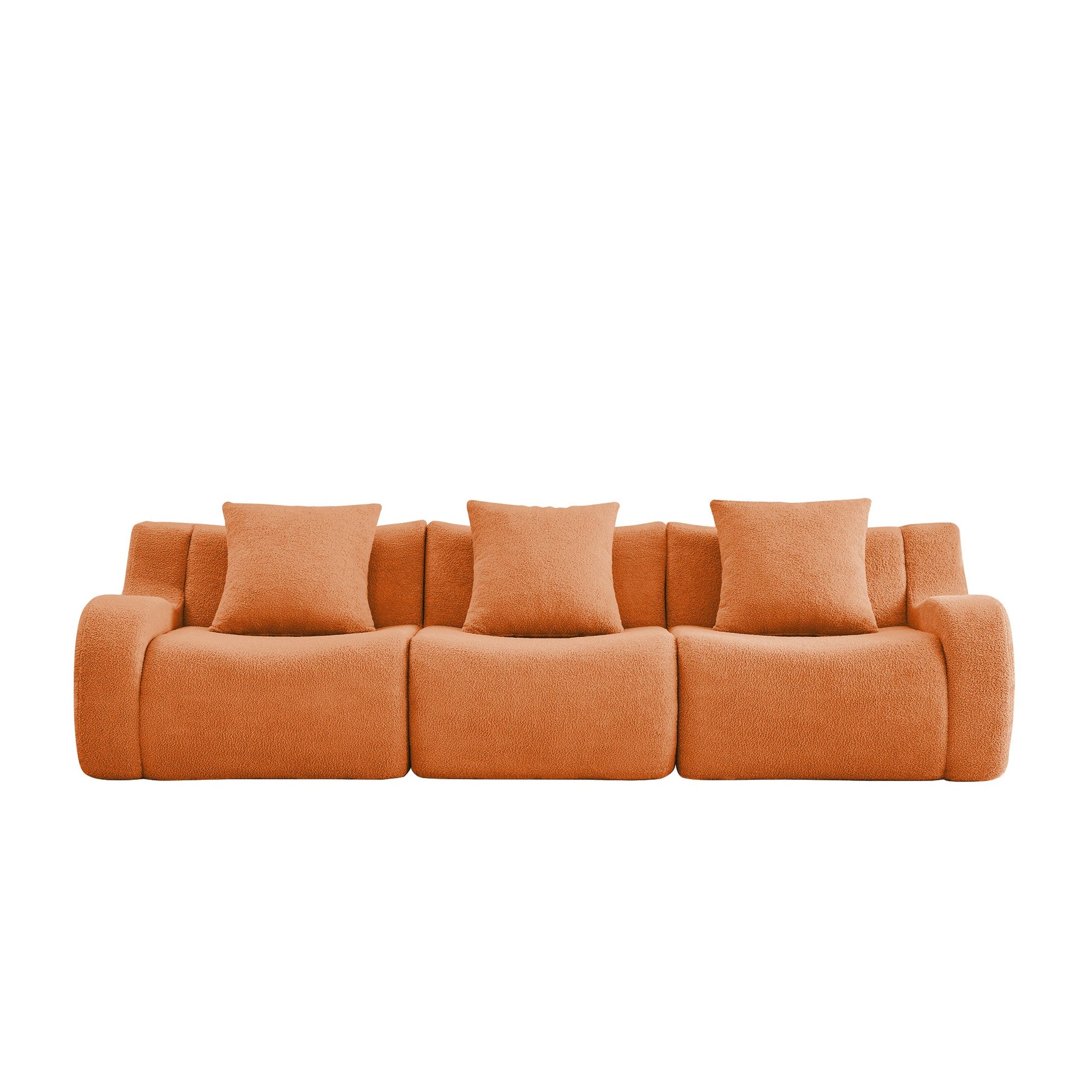 Orange teddy fleece boneless sofa, 3-seat layout, 45 degree view on a white background — Orange / 3-Seat