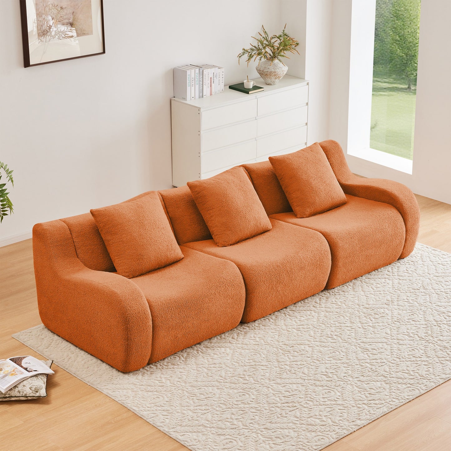 Orange teddy fleece boneless sofa, 3-seat layout, straight on view in a living room — Orange / 3-Seat