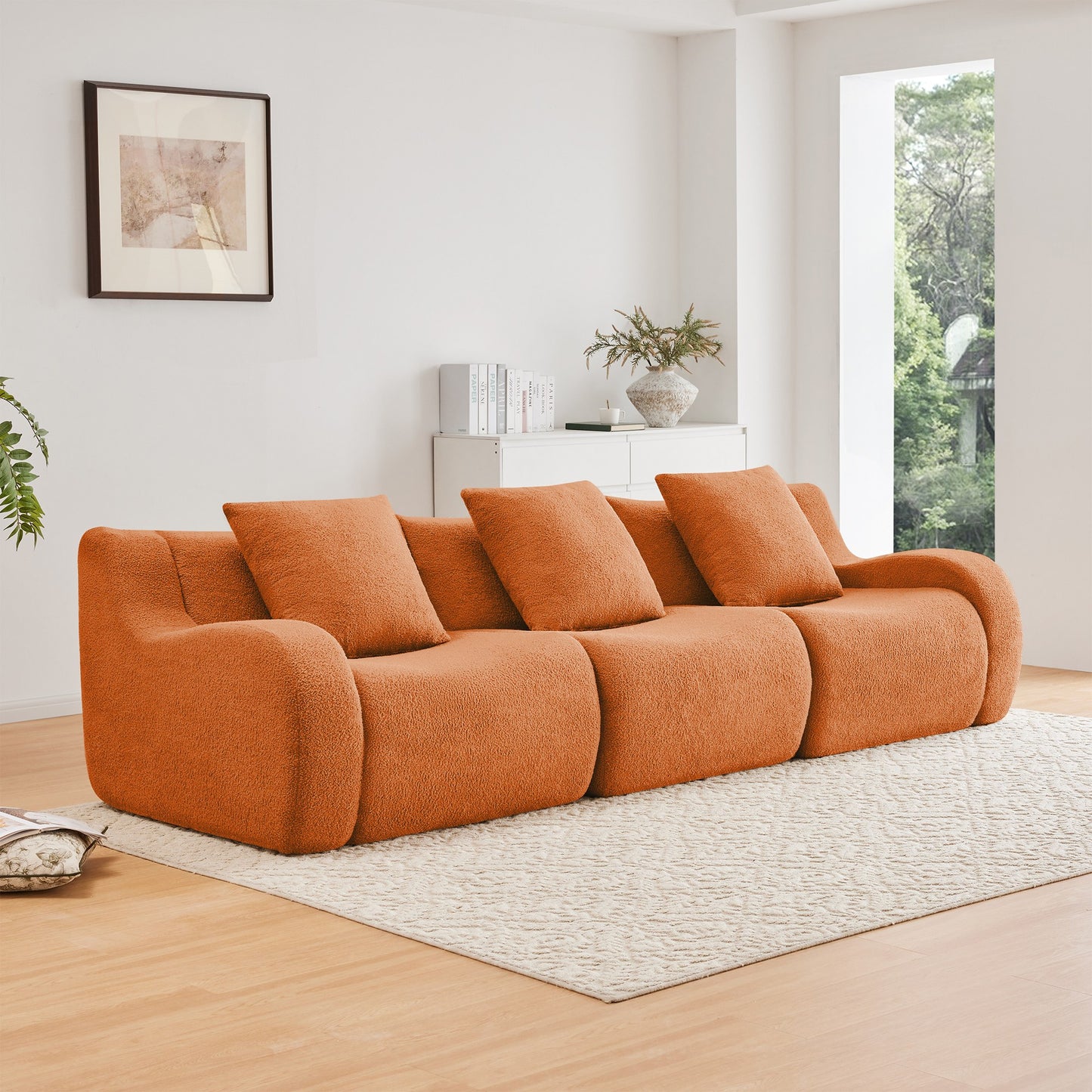 Orange teddy fleece boneless sofa, 3-seat layout, angled view in a bright living room — Orange / 3-Seat