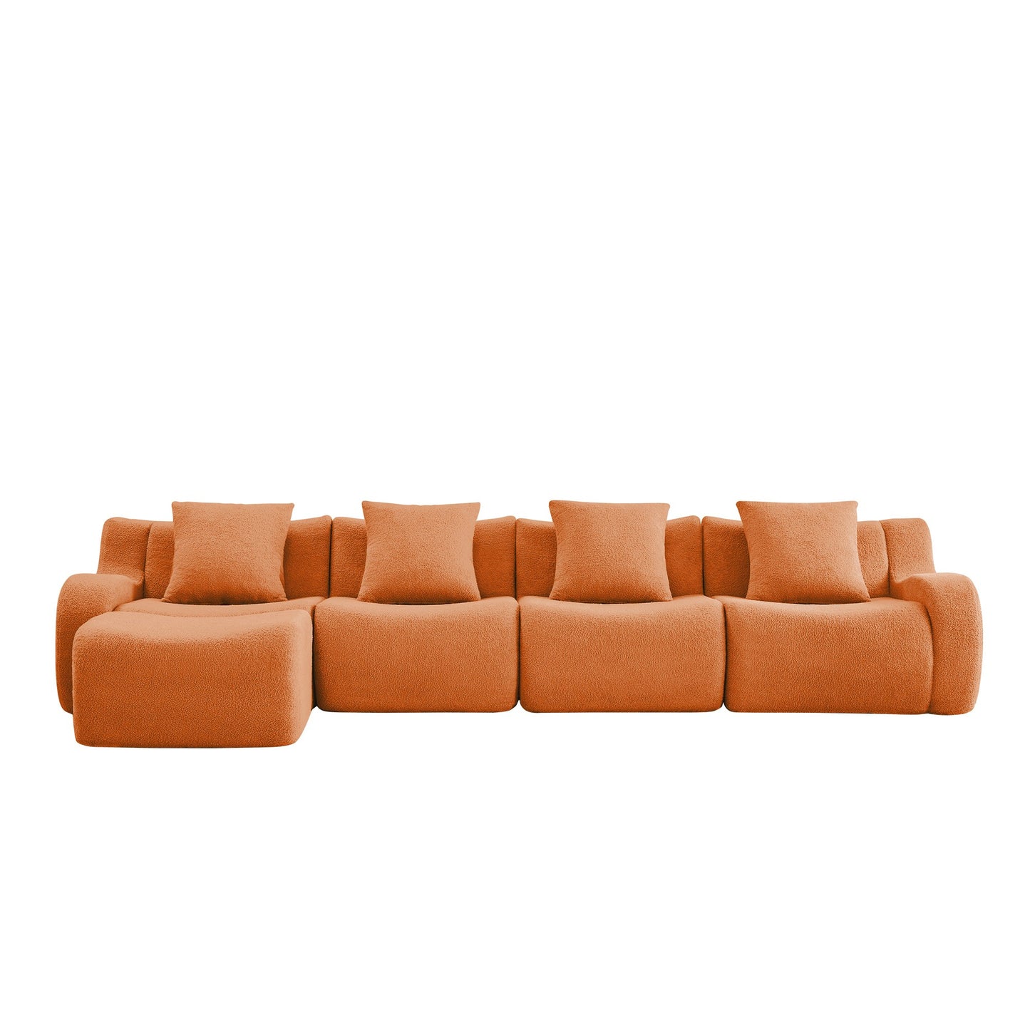 Orange teddy fleece boneless sofa, 4-seat with one ottoman layout, 45 degree view on a white background — Orange / 4-Seat + 1 Ottoman