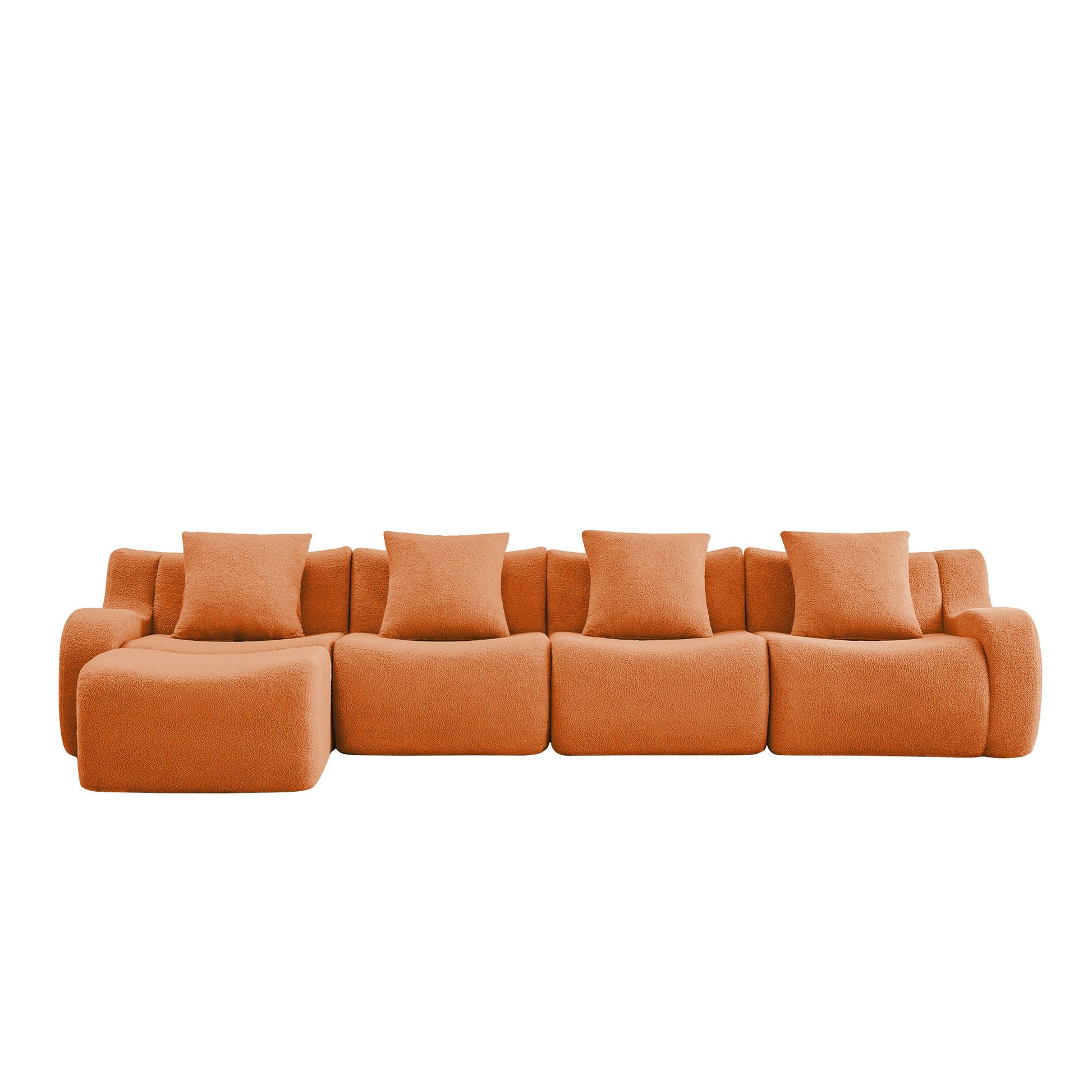 Orange teddy fleece boneless sofa, 4-seat with one ottoman layout, 45 degree view on a white background — Orange / 4-Seat + 1 Ottoman
