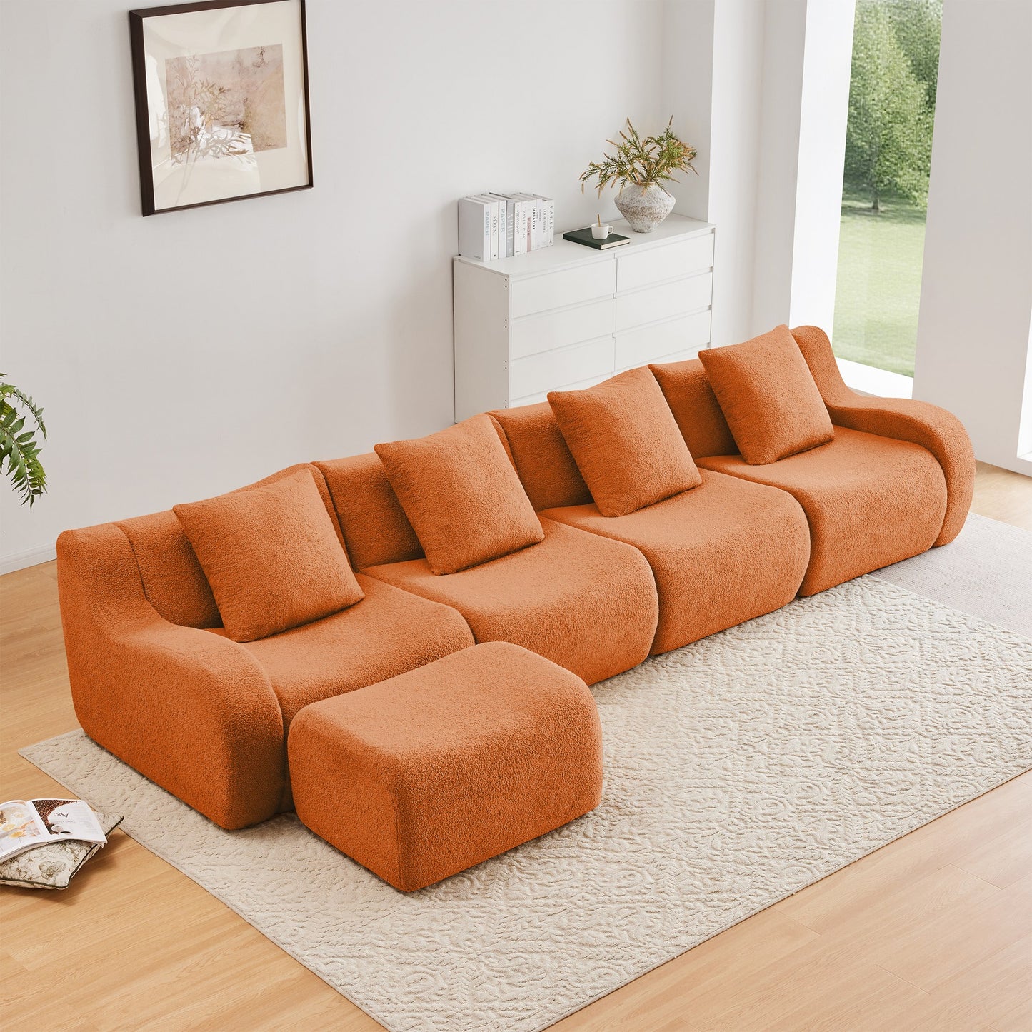 Orange teddy fleece boneless sofa, 4-seat with one ottoman layout, straight on view in a living room — Orange / 4-Seat + 1 Ottoman