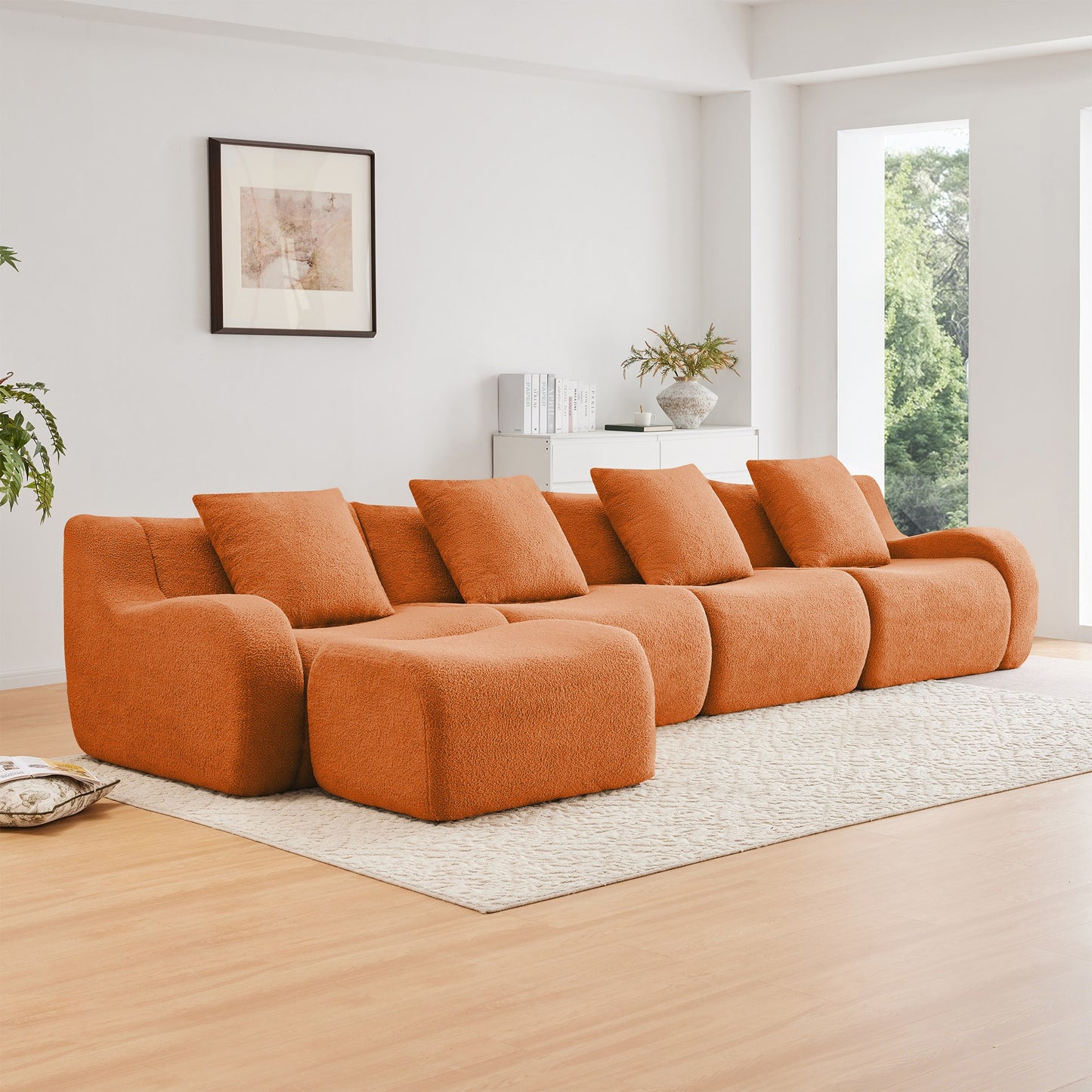 Orange teddy fleece boneless sofa, 4-seat with one ottoman layout, angled view in a bright living room — Orange / 4-Seat + 1 Ottoman