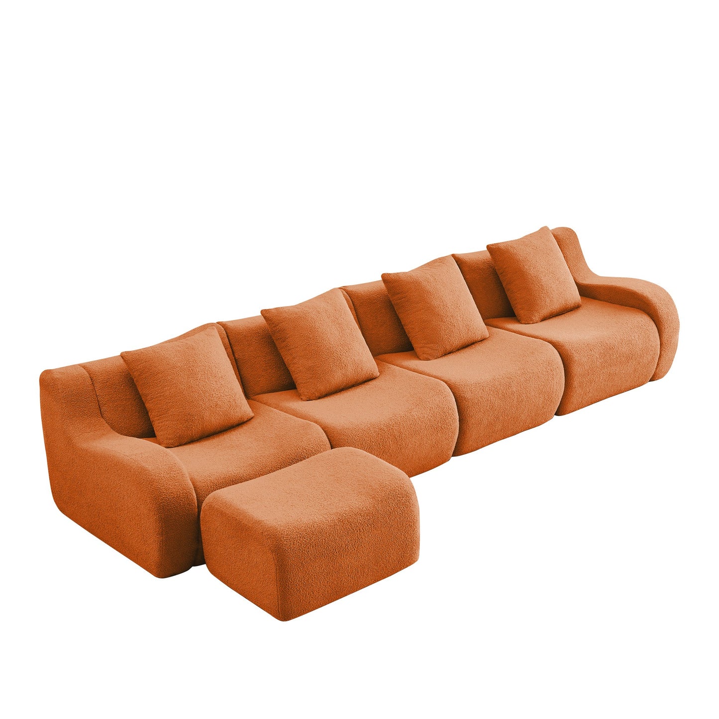 Orange teddy fleece boneless sofa, 4-seat with one ottoman layout, side view on a white background — Orange / 4-Seat + 1 Ottoman