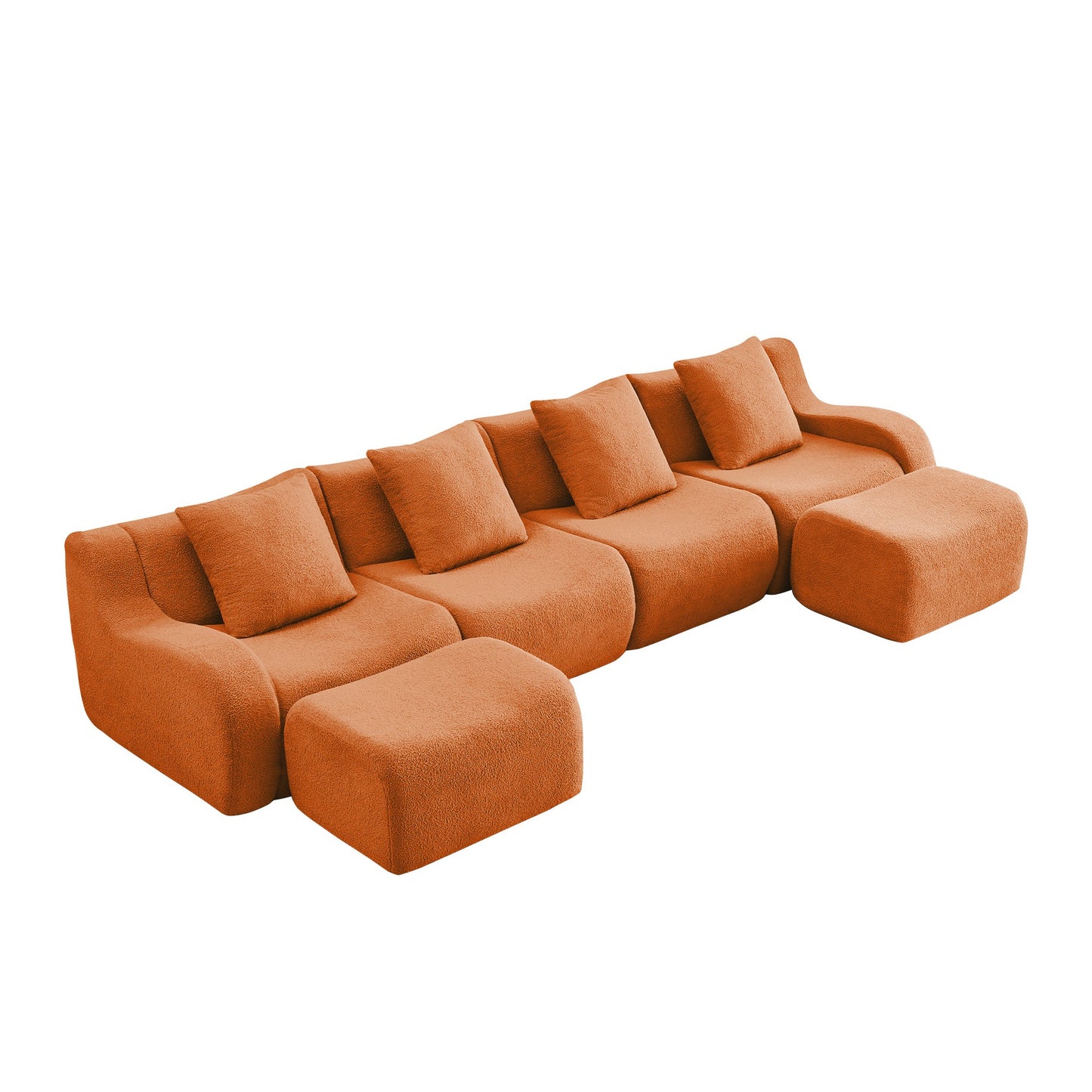Orange teddy fleece boneless sofa, 4-seat with two ottomans layout, 45 degree view on a white background — Orange / 4-Seat + 2 Ottomans