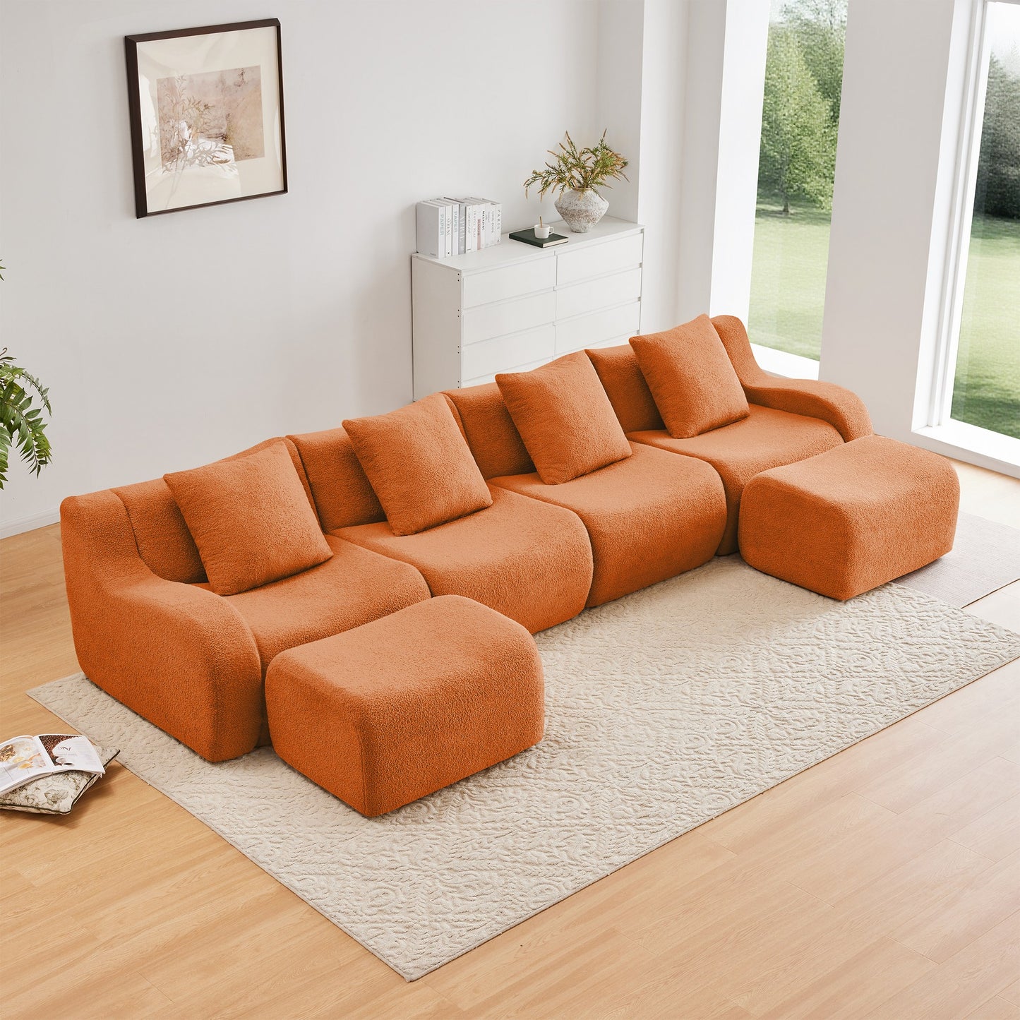 Orange teddy fleece boneless sofa, 4-seat with two ottomans layout, straight on view in a living room — Orange / 4-Seat + 2 Ottomans