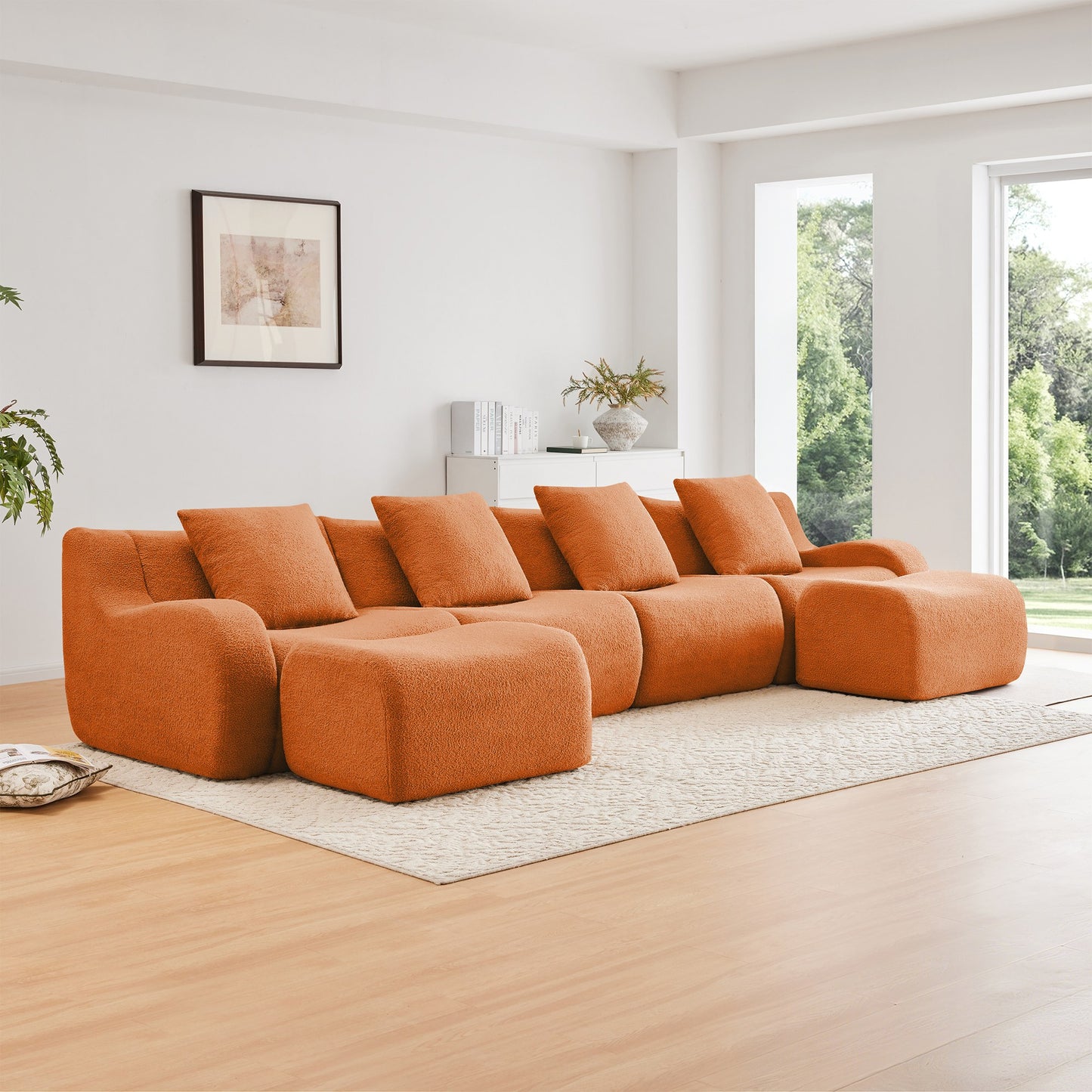 Orange teddy fleece boneless sofa, 4-seat with two ottomans layout, angled view in a bright living room — Orange / 4-Seat + 2 Ottomans